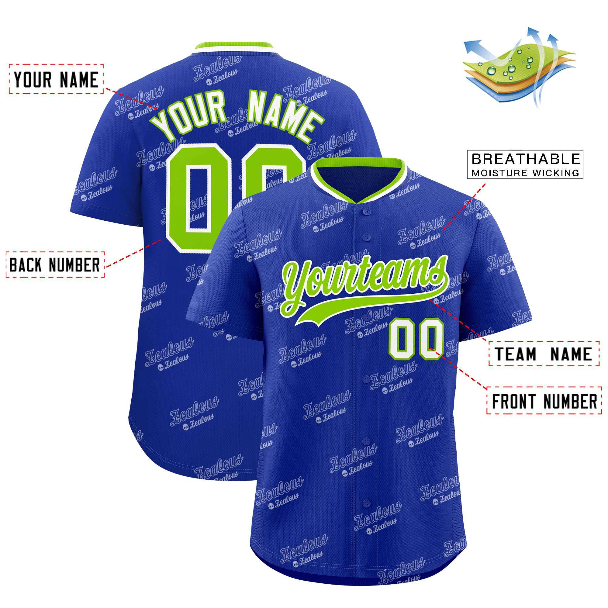 Custom Royal Neon Green Full Button Text Graffiti Pattern Authentic Baseball Jersey