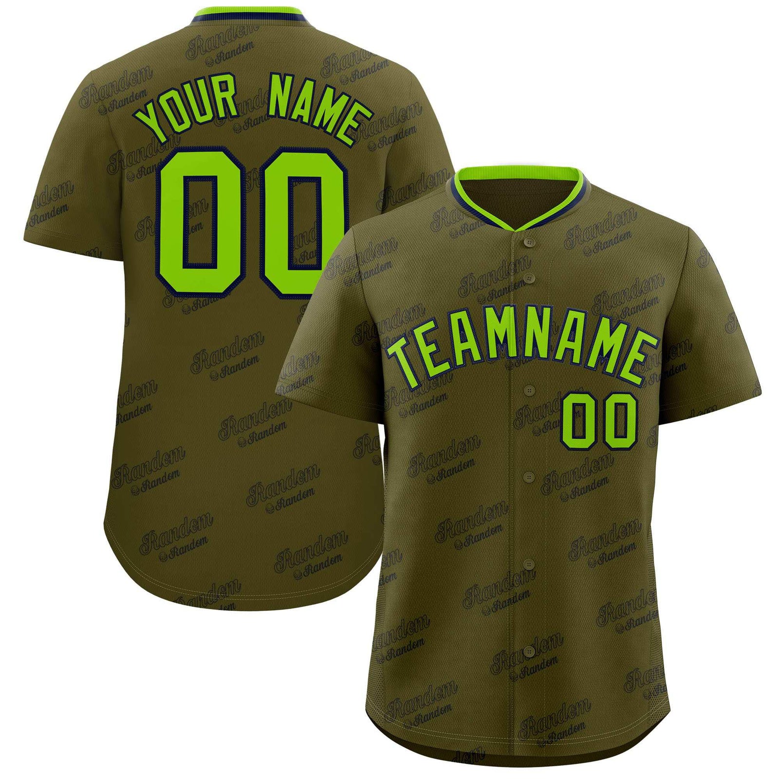 Custom Olive Neon Green Full Button Text Graffiti Pattern Authentic Baseball Jersey