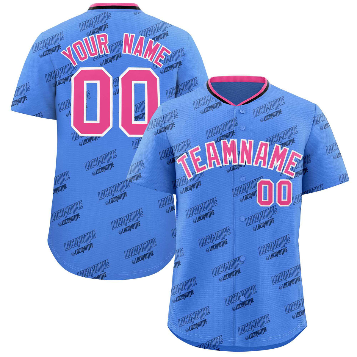 Custom Powder Blue Pink Full Button Text Graffiti Pattern Authentic Baseball Jersey