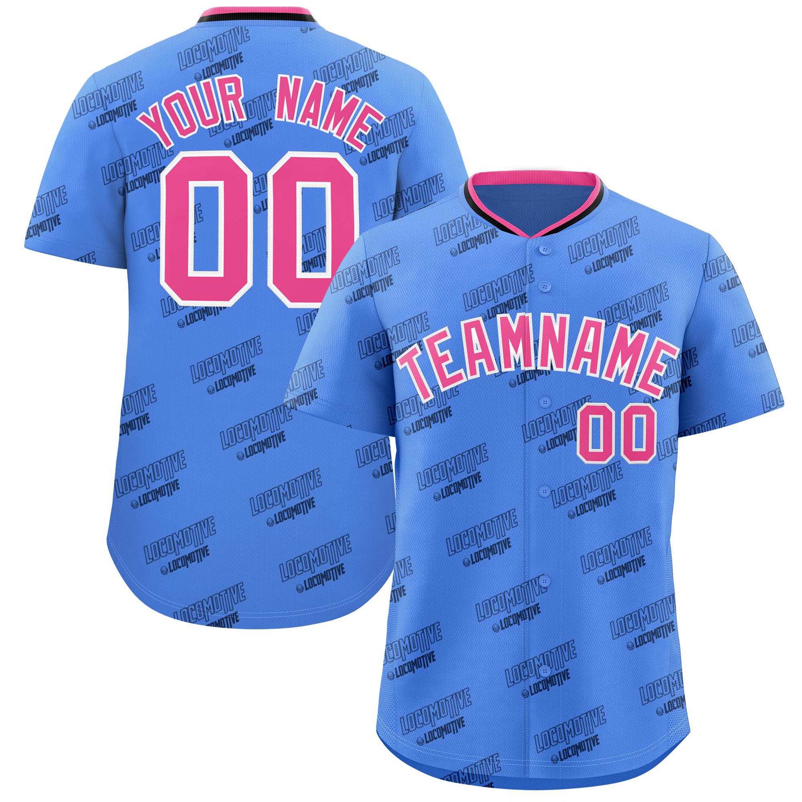 Custom Powder Blue Pink Full Button Text Graffiti Pattern Authentic Baseball Jersey