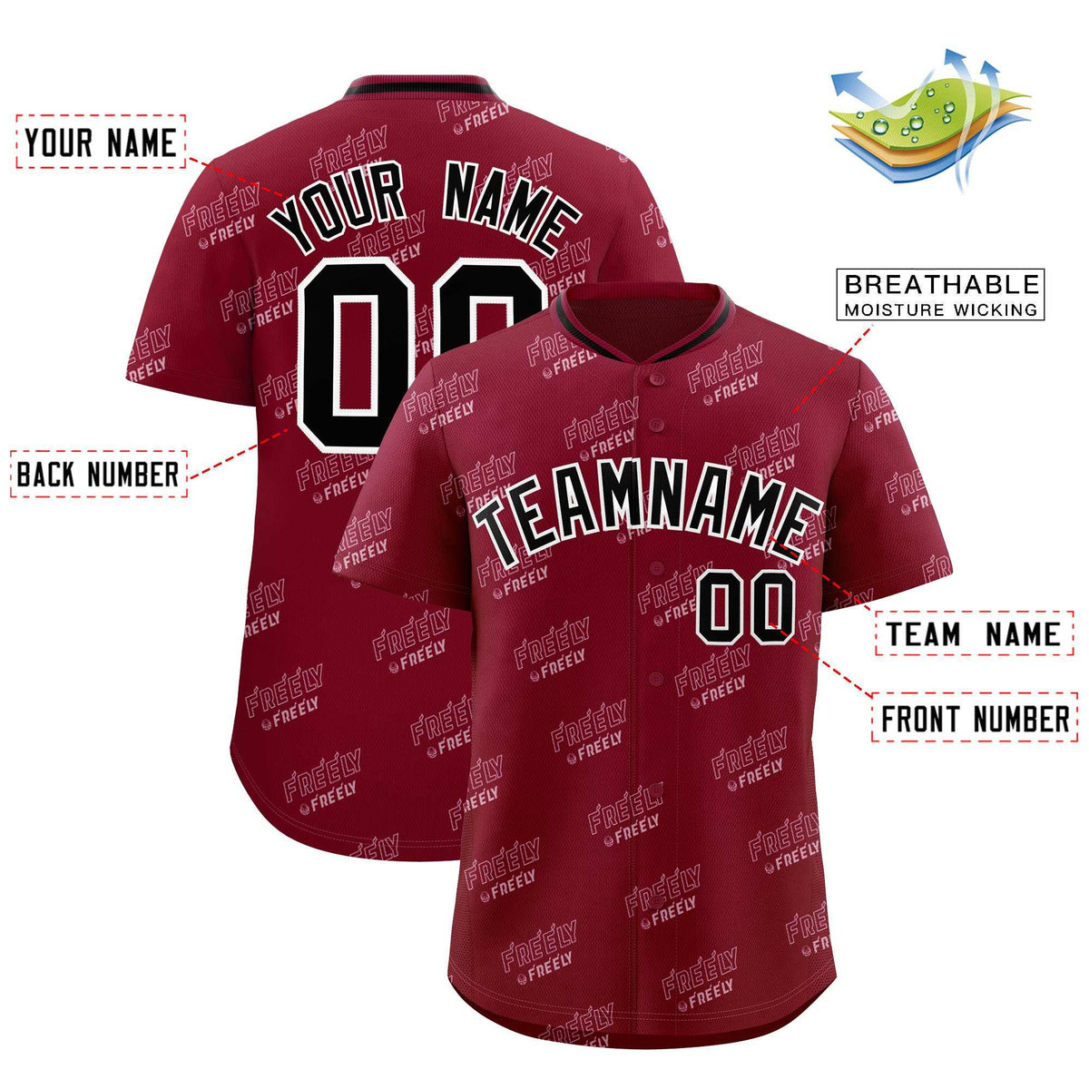Custom Crimson Black Full Button Text Graffiti Pattern Authentic Baseball Jersey