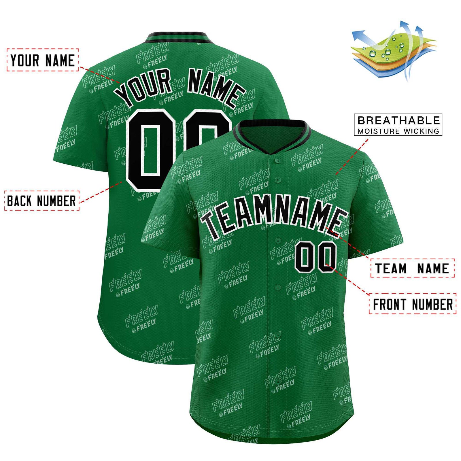 Custom Kelly Green Black Full Button Text Graffiti Pattern Authentic Baseball Jersey