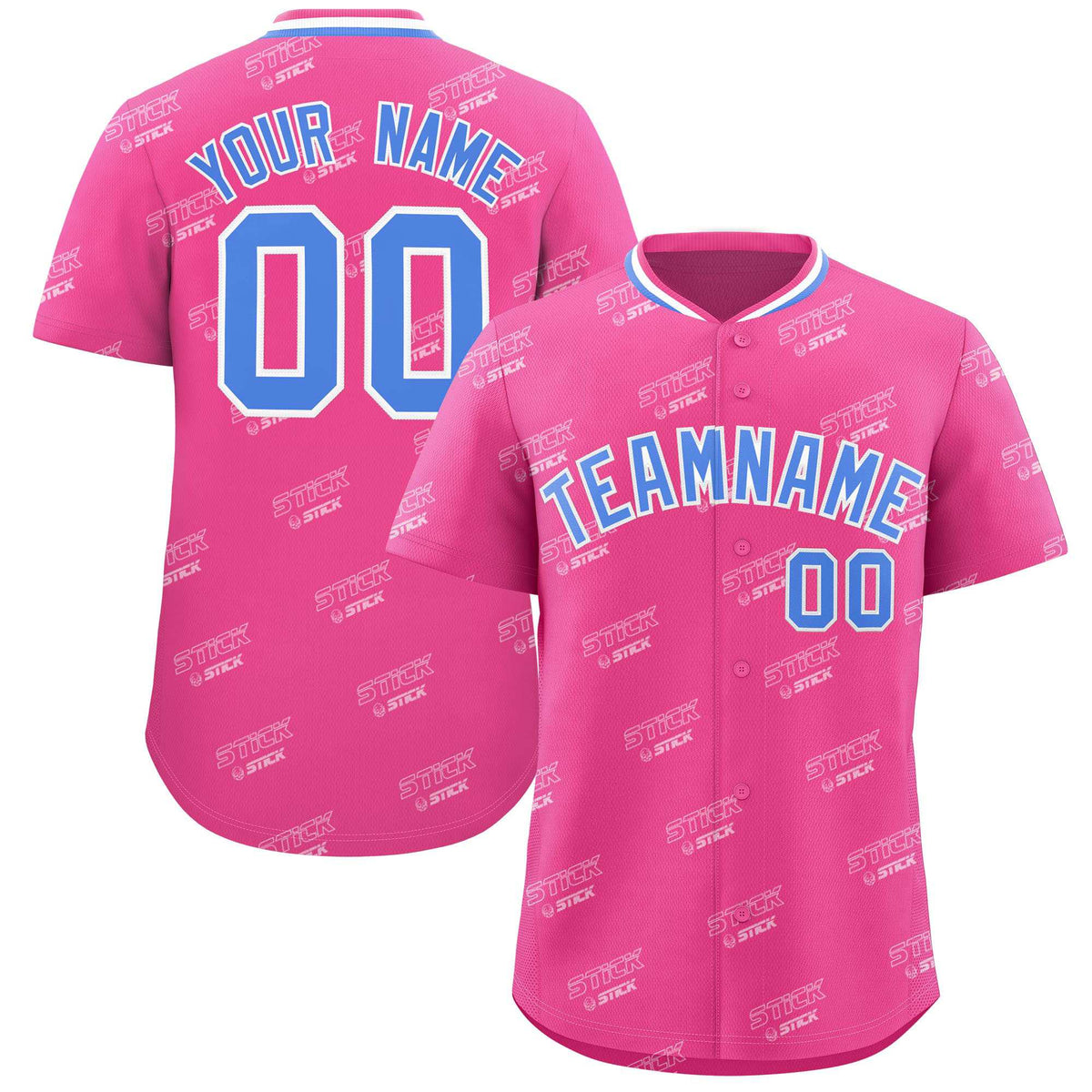 Custom Pink Powder Blue Full Button Text Graffiti Pattern Authentic Baseball Jersey