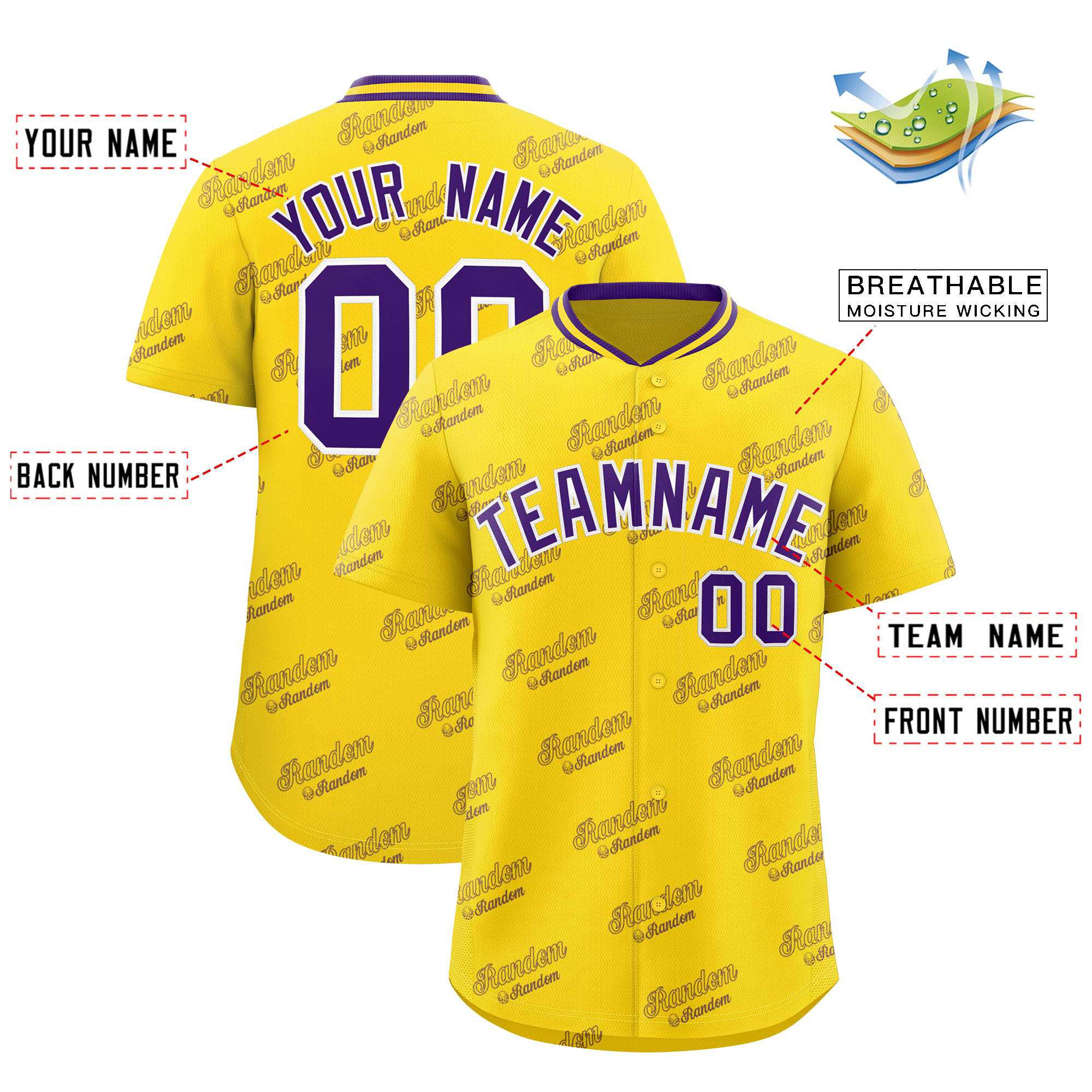 Custom Gold Purple Full Button Text Graffiti Pattern Authentic Baseball Jersey