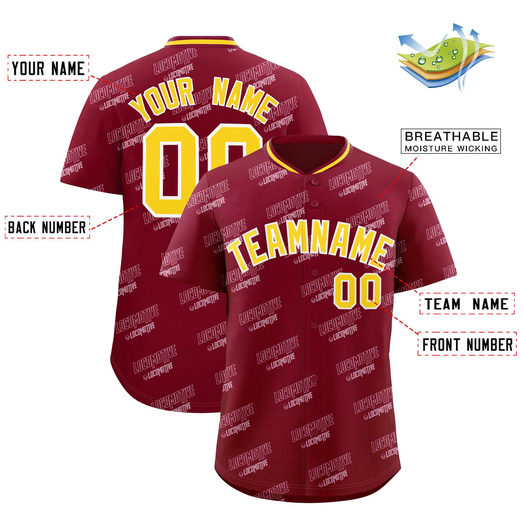 Custom Crimson Gold Full Button Text Graffiti Pattern Authentic Baseball Jersey