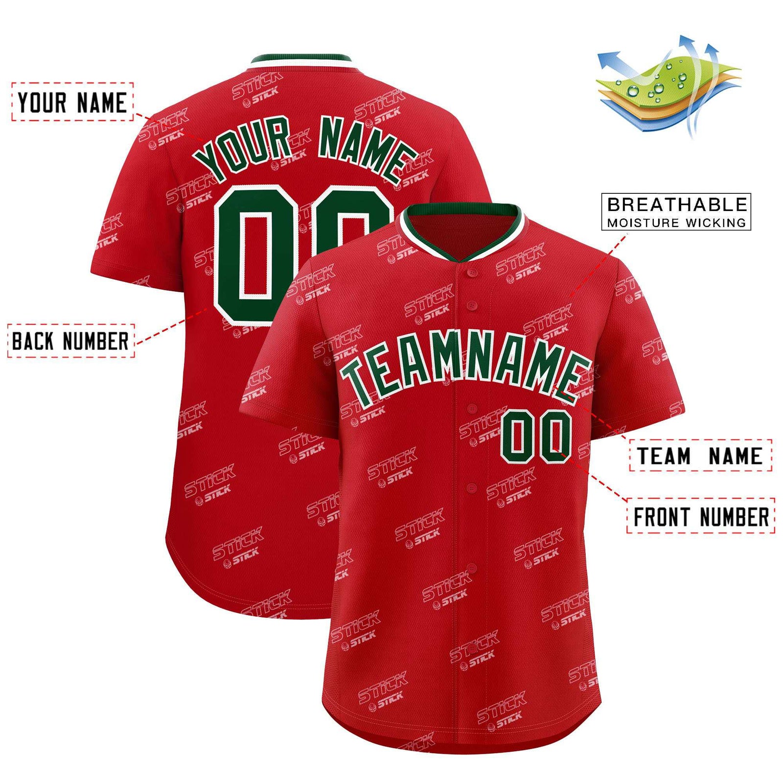 Custom Red Green Full Button Text Graffiti Pattern Authentic Baseball Jersey