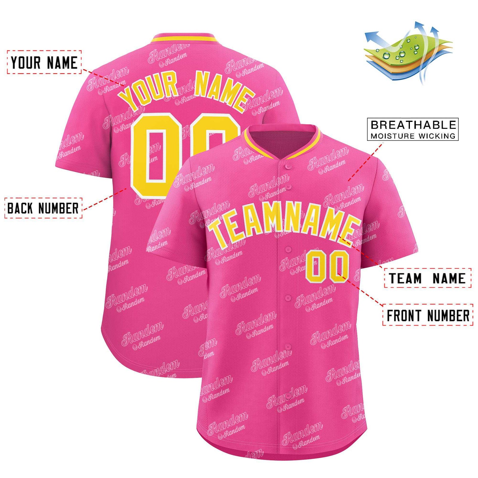 Custom Pink Gold Full Button Text Graffiti Pattern Authentic Baseball Jersey