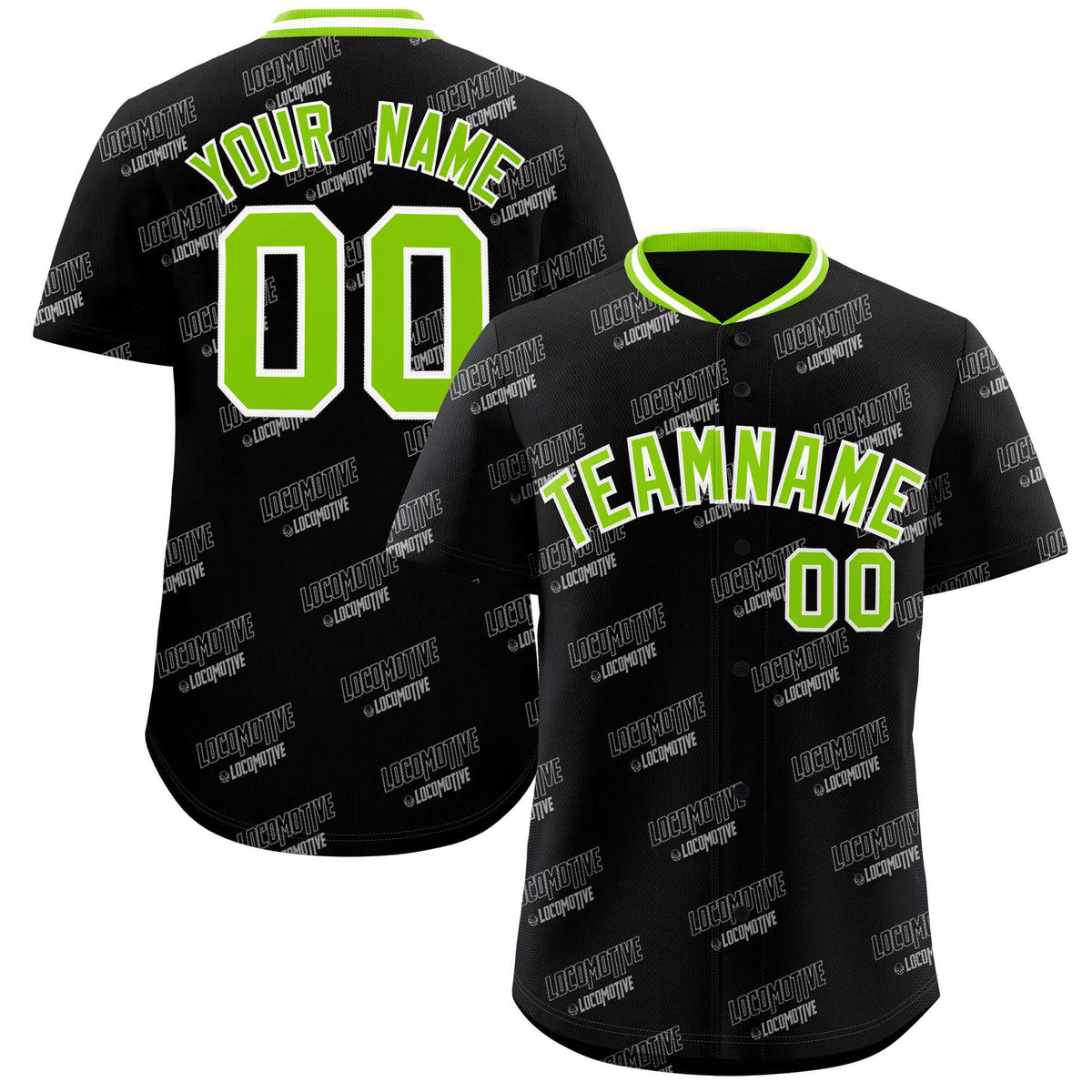 Custom Black Neon Green Full Button Text Graffiti Pattern Authentic Baseball Jersey