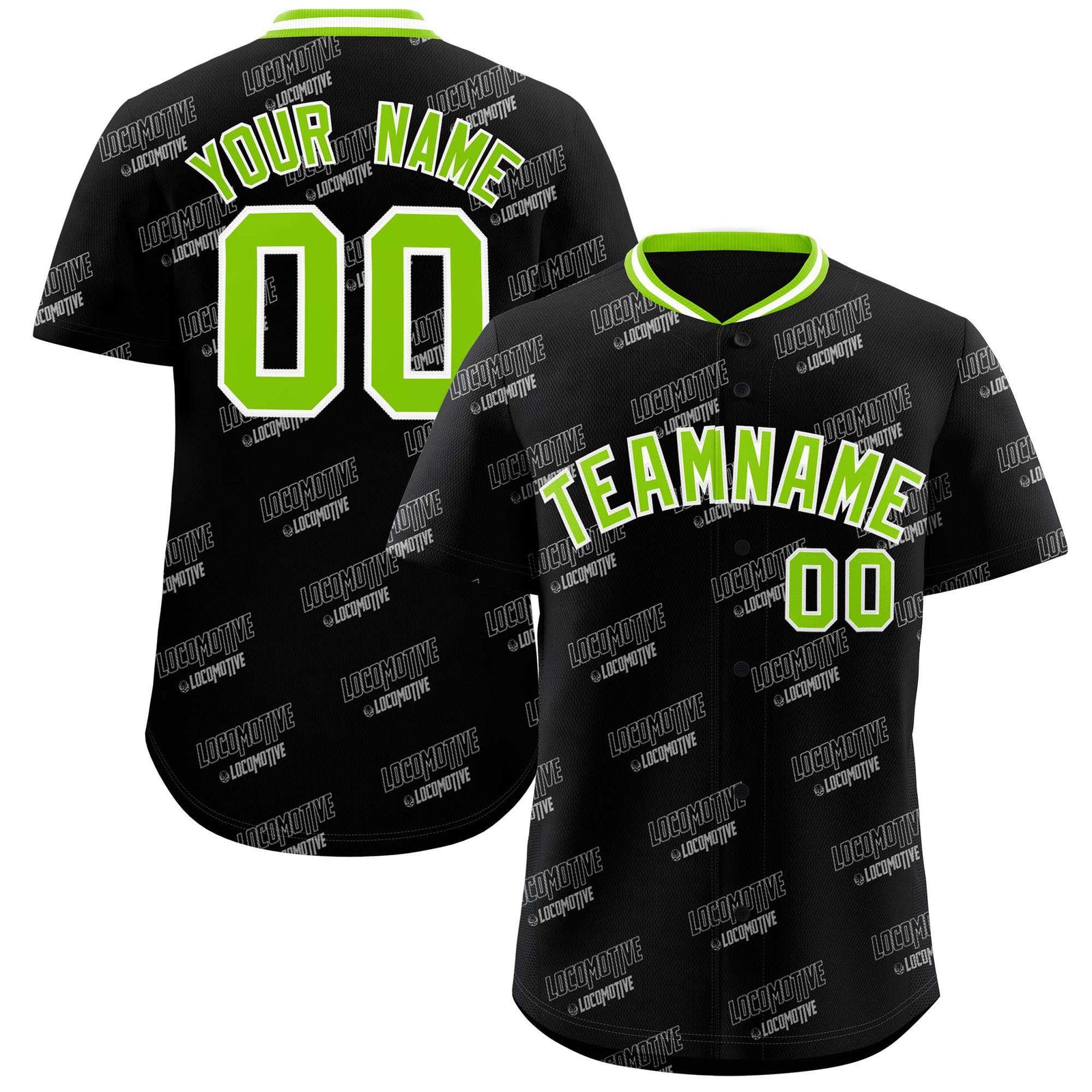 Custom Black Neon Green Full Button Text Graffiti Pattern Authentic Baseball Jersey