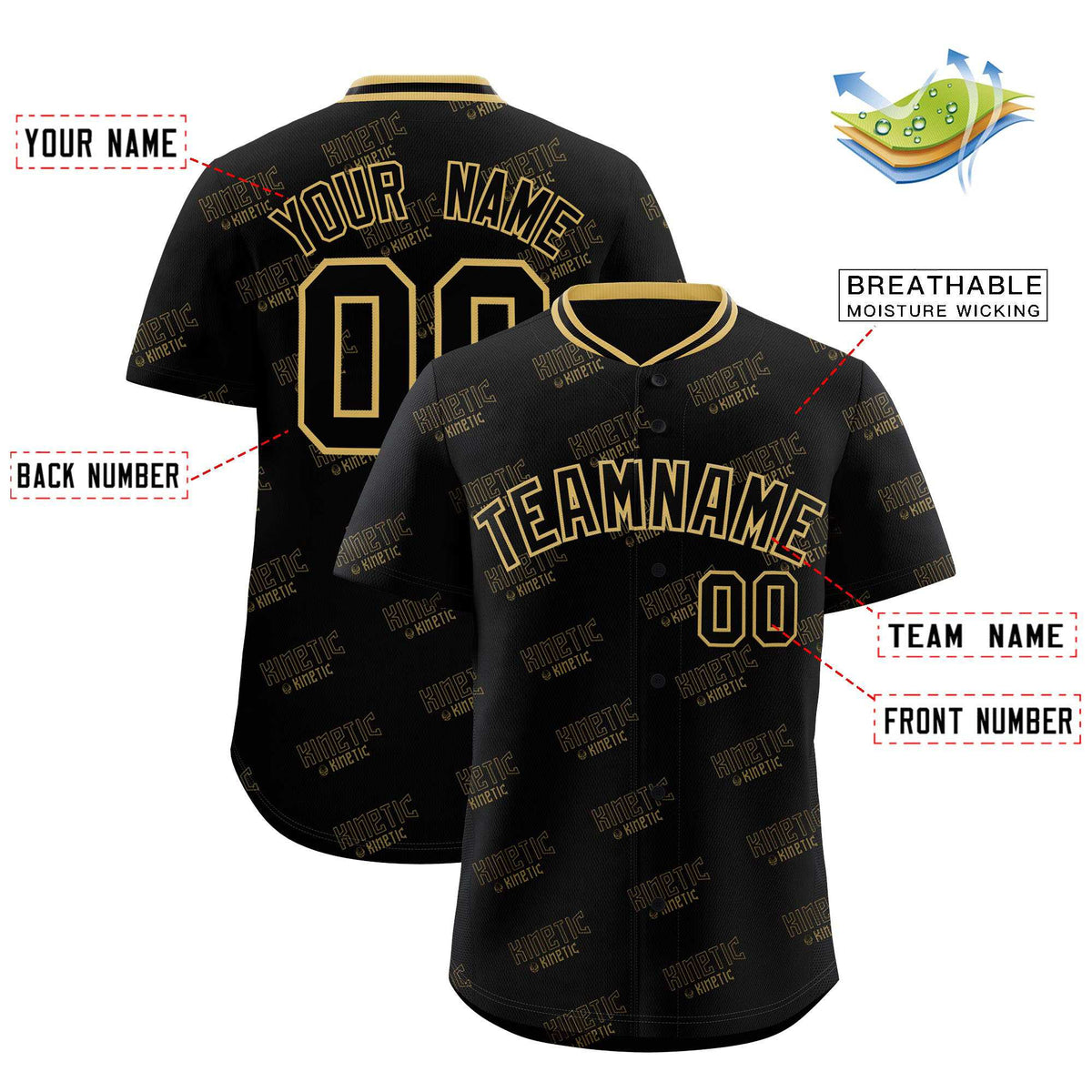 Custom Black Old Gold Full Button Text Graffiti Pattern Authentic Baseball Jersey