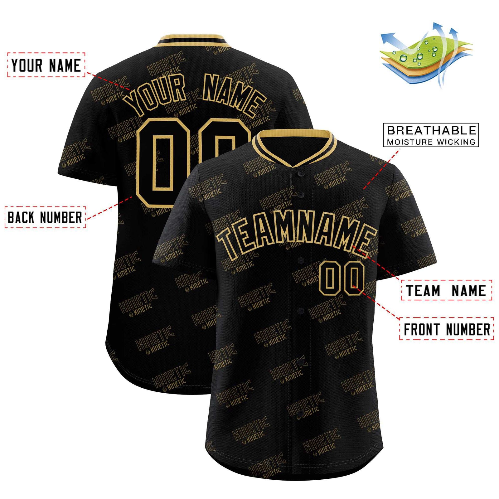 Custom Black Old Gold Full Button Text Graffiti Pattern Authentic Baseball Jersey