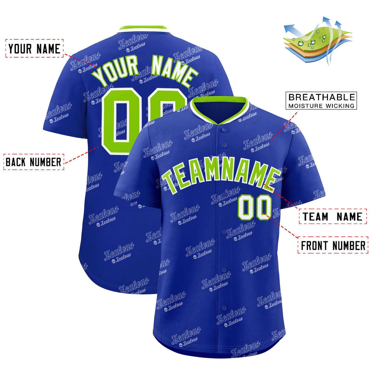 Custom Royal Neon Green Full Button Text Graffiti Pattern Authentic Baseball Jersey