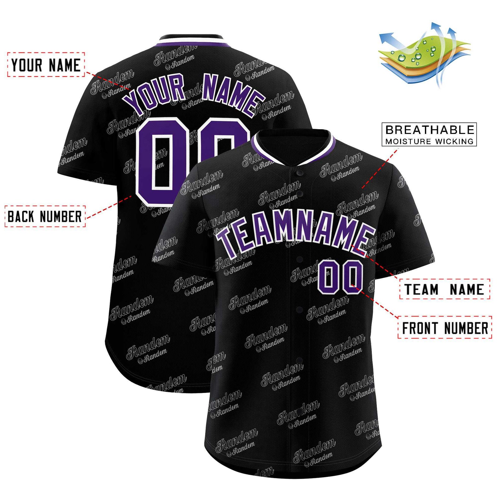 Custom Black Purple Full Button Text Graffiti Pattern Authentic Baseball Jersey