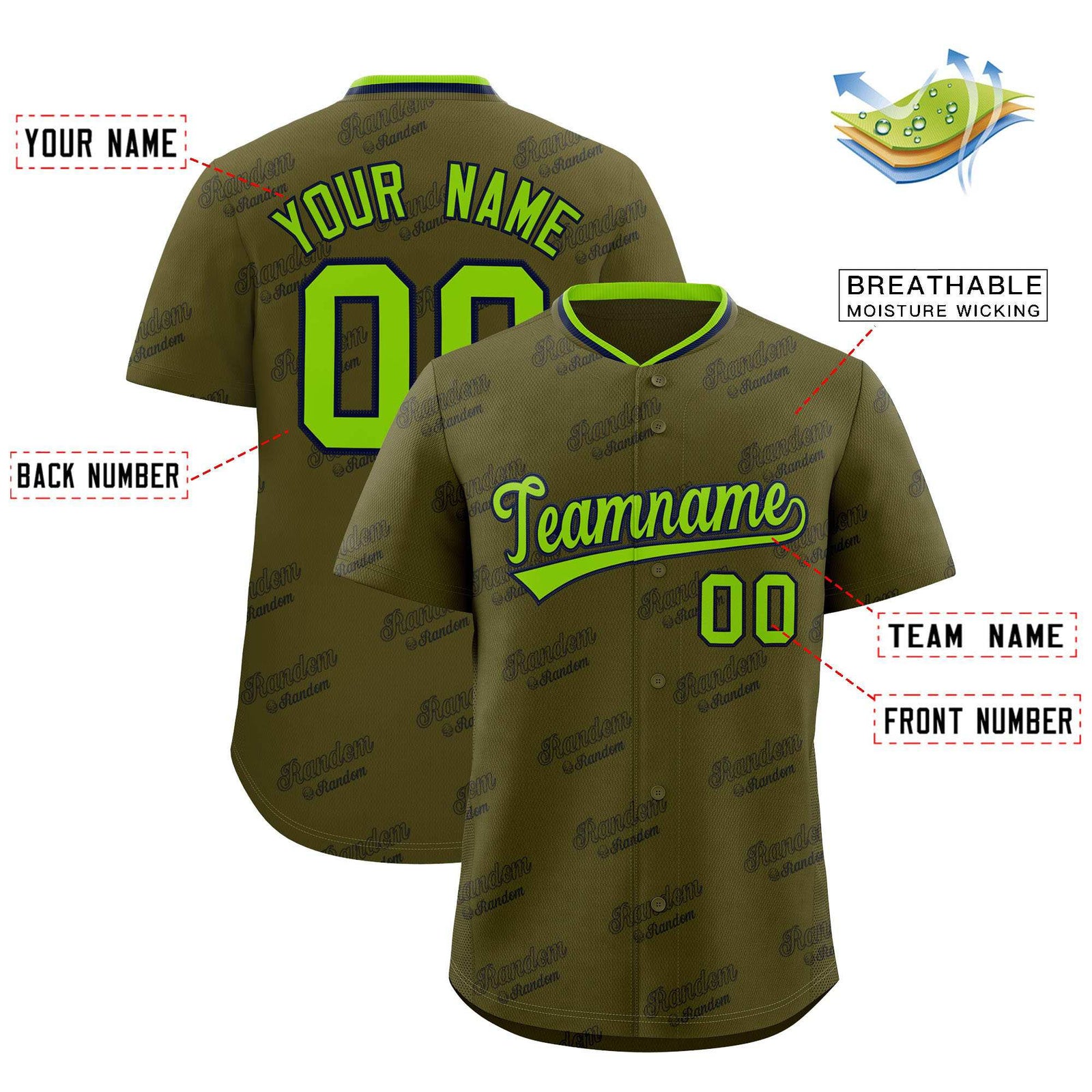 Custom Olive Neon Green Full Button Text Graffiti Pattern Authentic Baseball Jersey