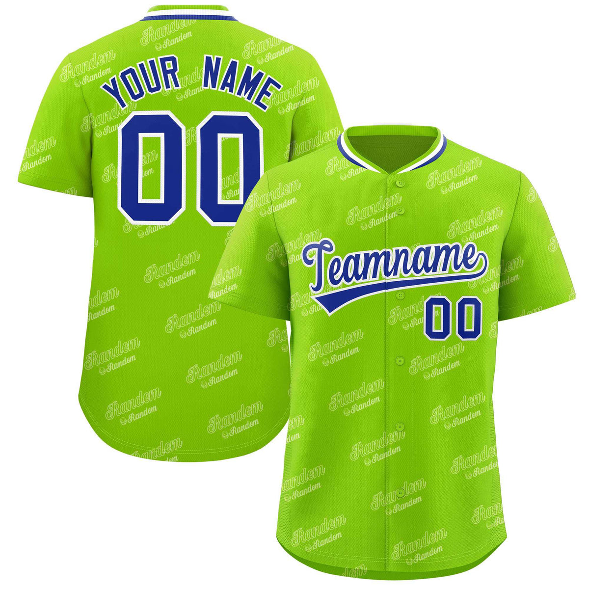 Custom Neon Green Royal Full Button Text Graffiti Pattern Authentic Baseball Jersey