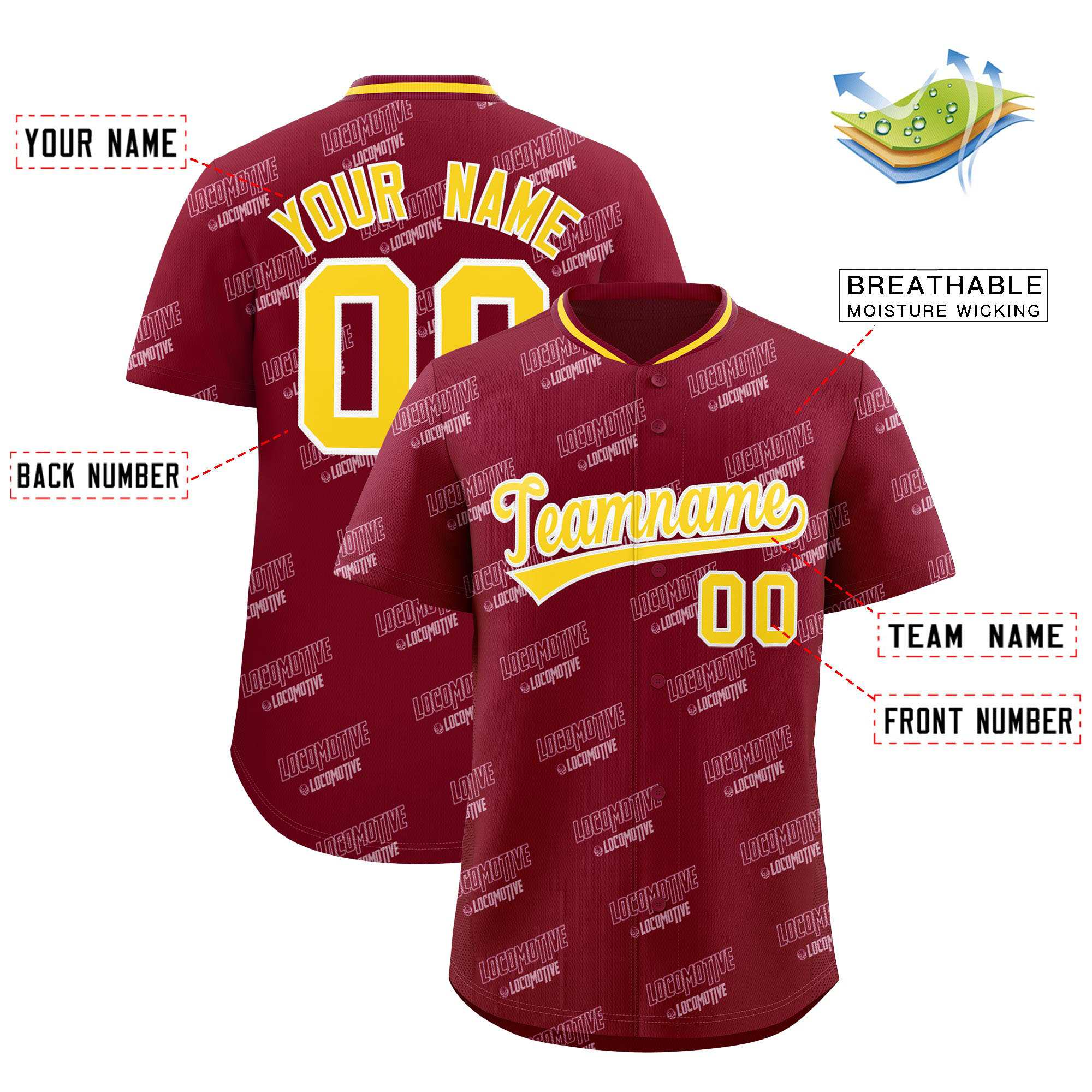 Custom Crimson Gold Full Button Text Graffiti Pattern Authentic Baseball Jersey