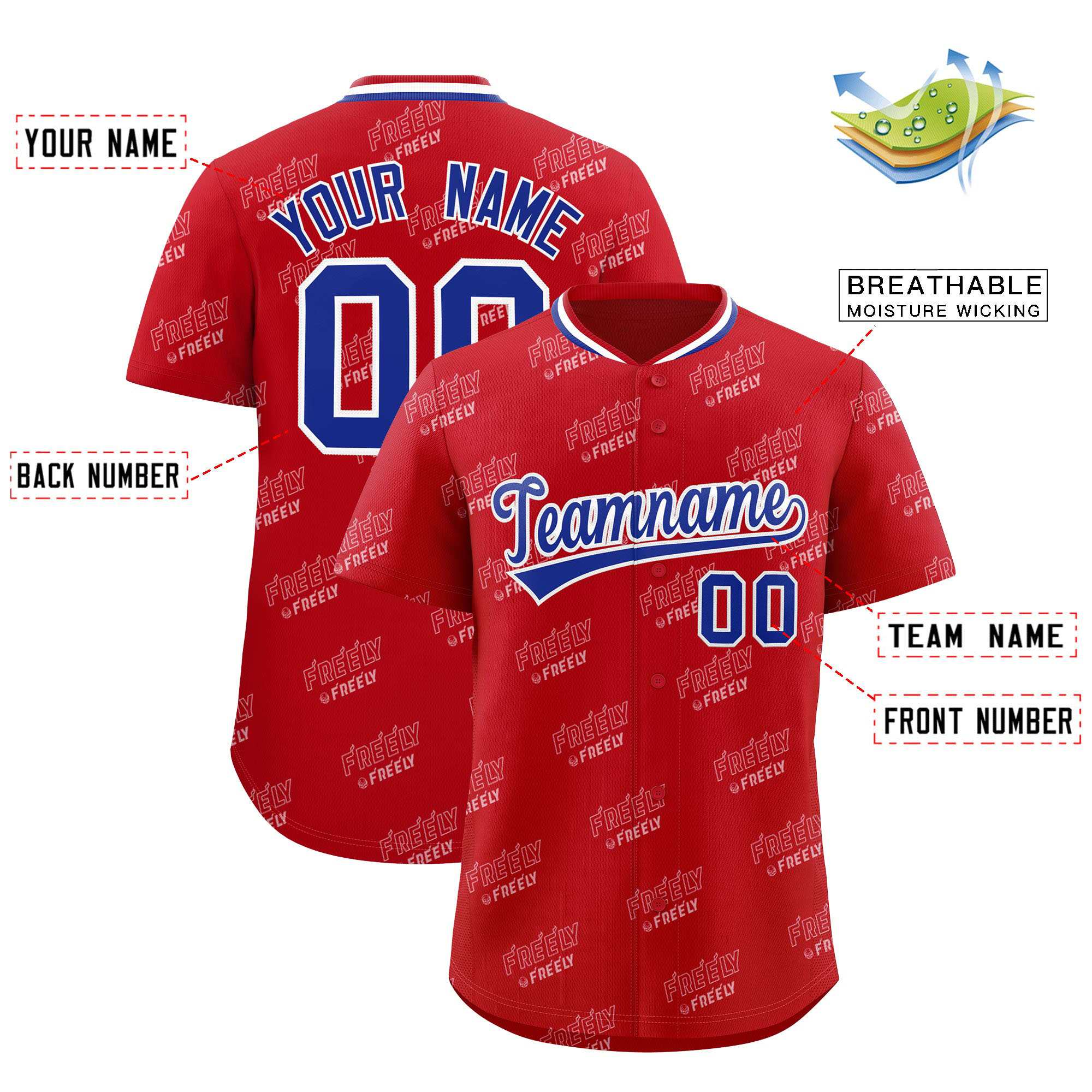 Custom Red Royal Full Button Text Graffiti Pattern Authentic Baseball Jersey