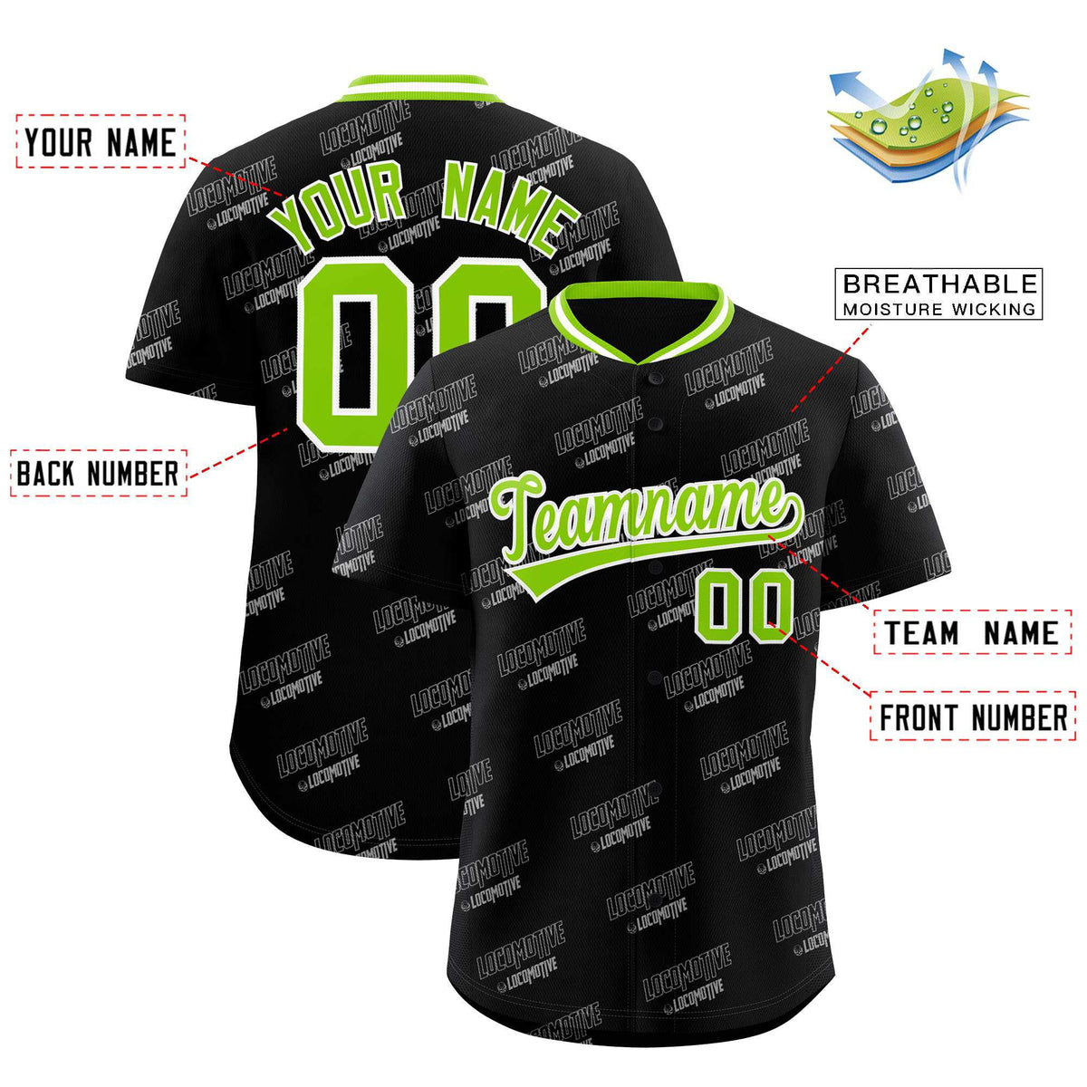 Custom Black Neon Green Full Button Text Graffiti Pattern Authentic Baseball Jersey