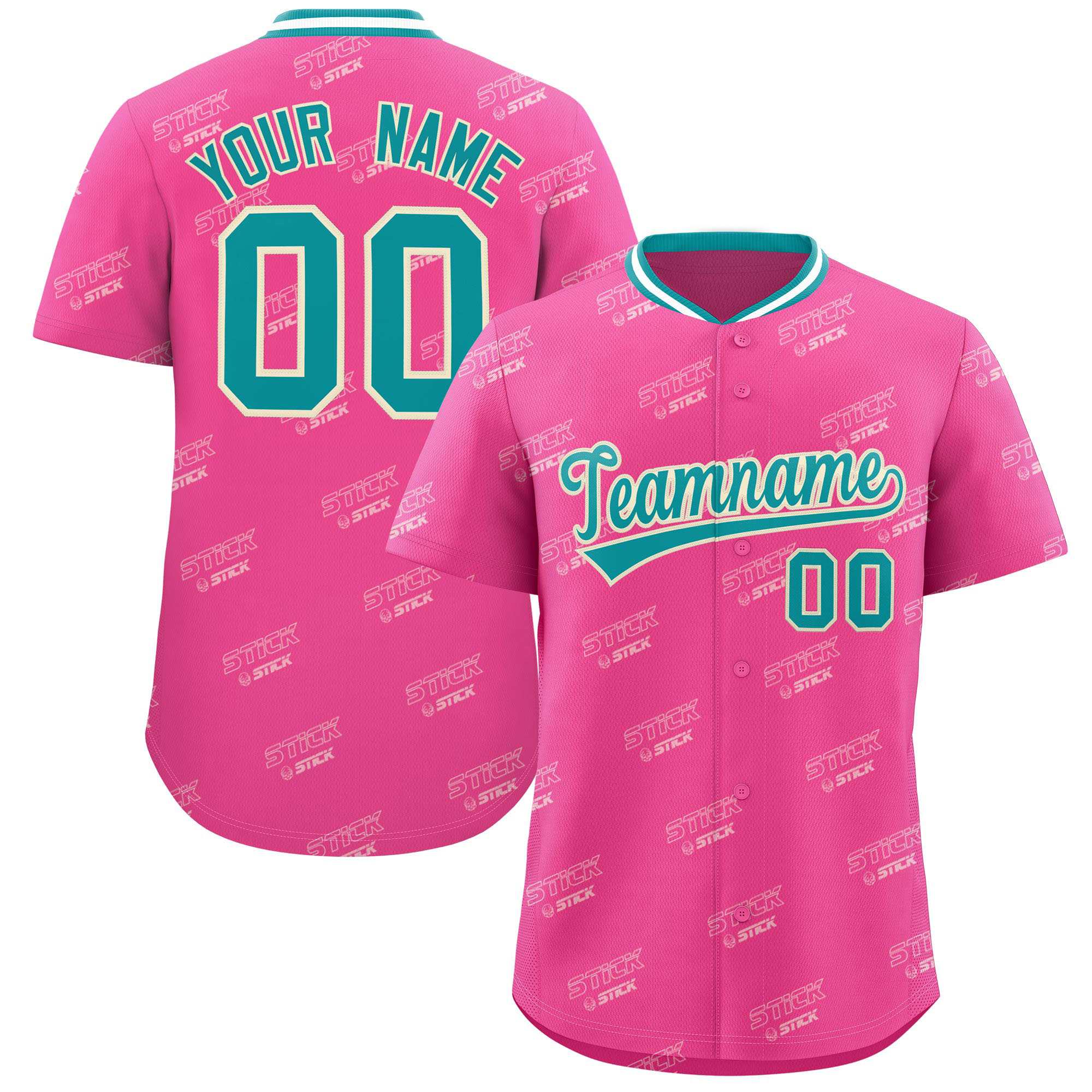 Custom Pink Aqua Full Button Text Graffiti Pattern Authentic Baseball Jersey