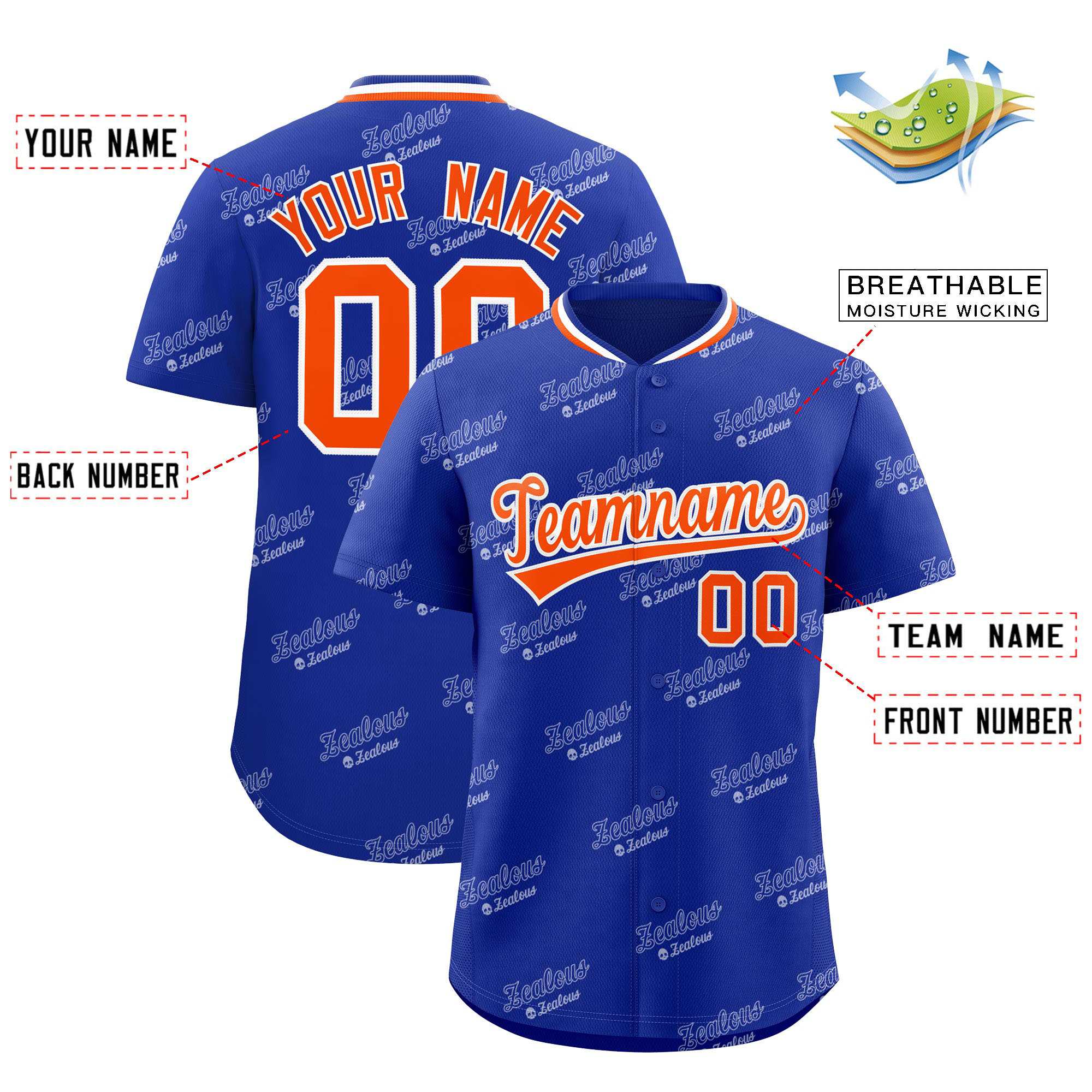 Custom Royal Orange Full Button Text Graffiti Pattern Authentic Baseball Jersey