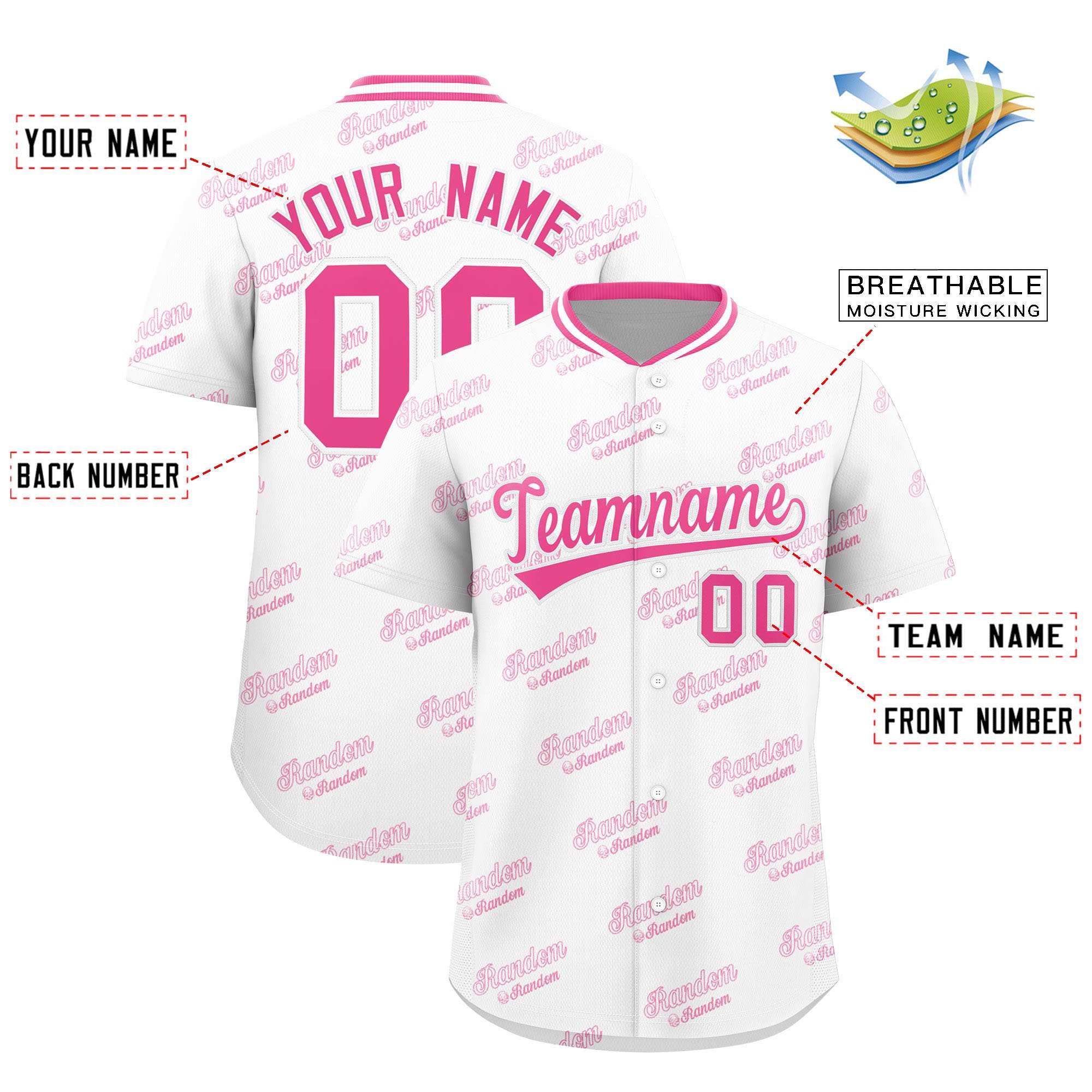 Custom White Pink Full Button Text Graffiti Pattern Authentic Baseball Jersey