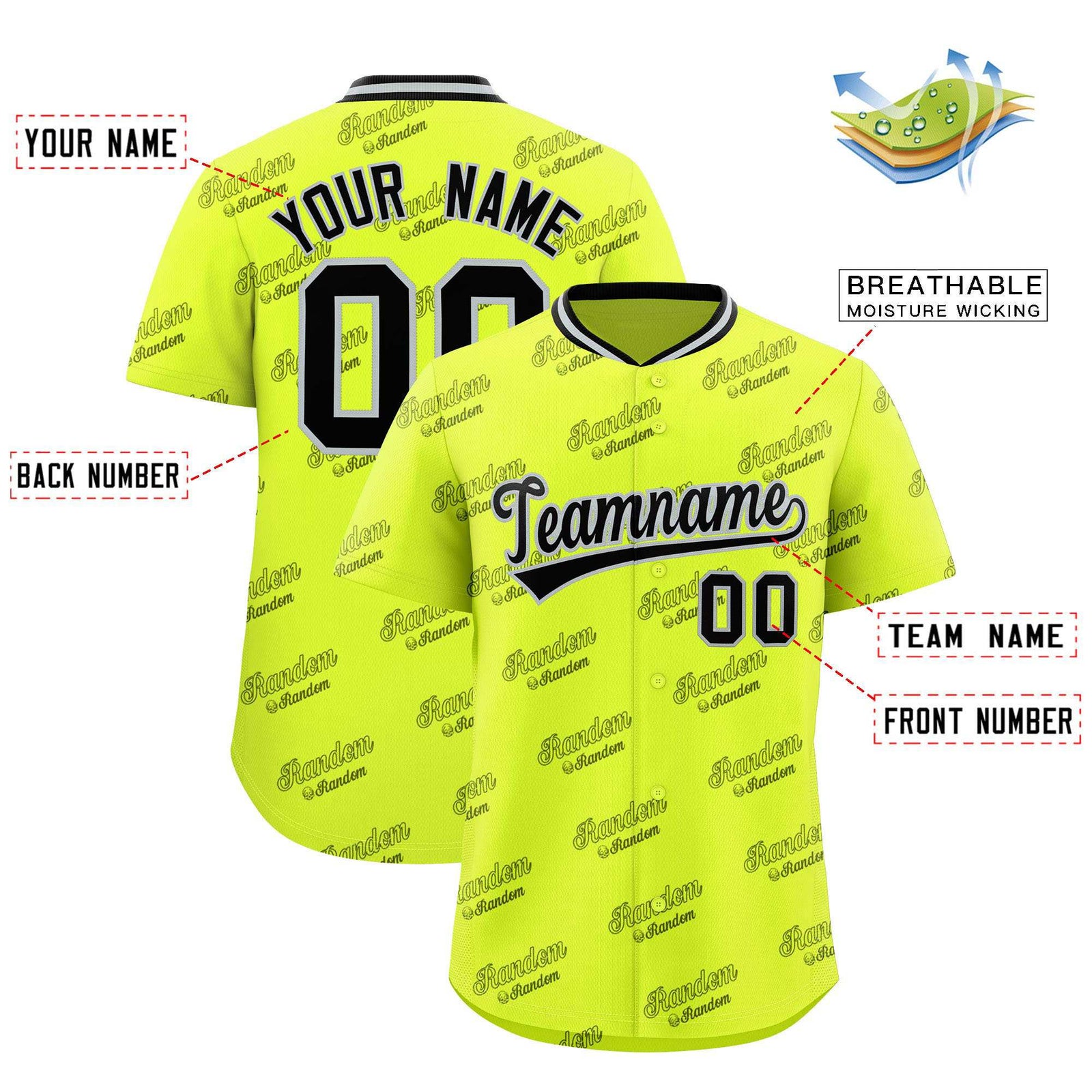 Custom Fluorescent Green Black Full Button Text Graffiti Pattern Authentic Baseball Jersey