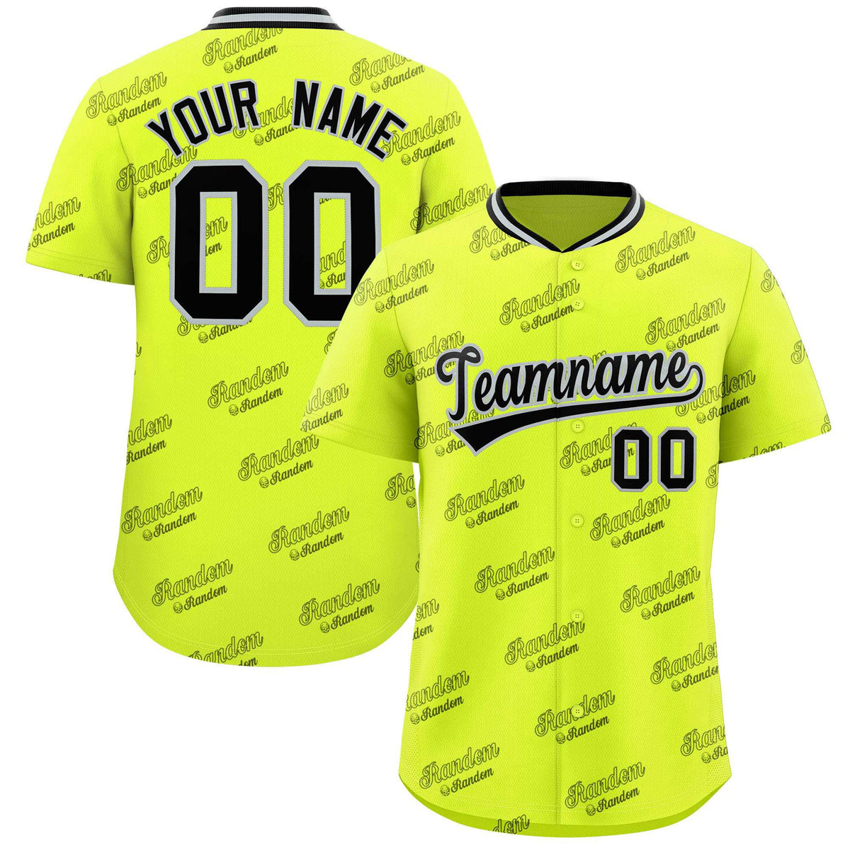 Custom Fluorescent Green Black Full Button Text Graffiti Pattern Authentic Baseball Jersey