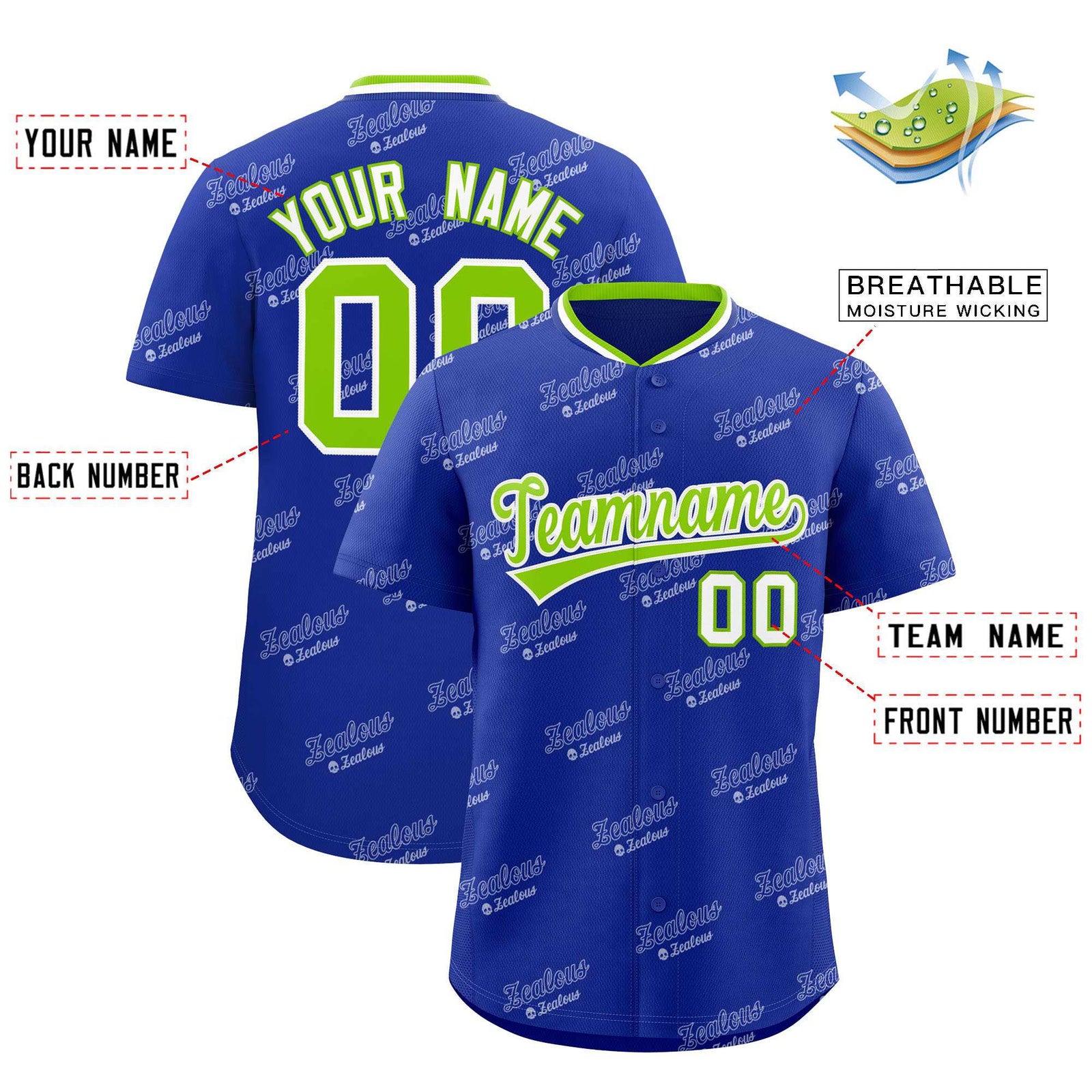 Custom Royal Neon Green Full Button Text Graffiti Pattern Authentic Baseball Jersey