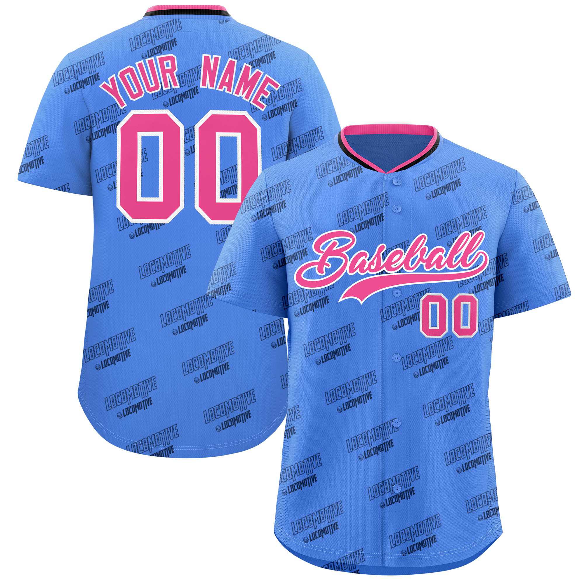 Custom Powder Blue Pink Full Button Text Graffiti Pattern Authentic Baseball Jersey