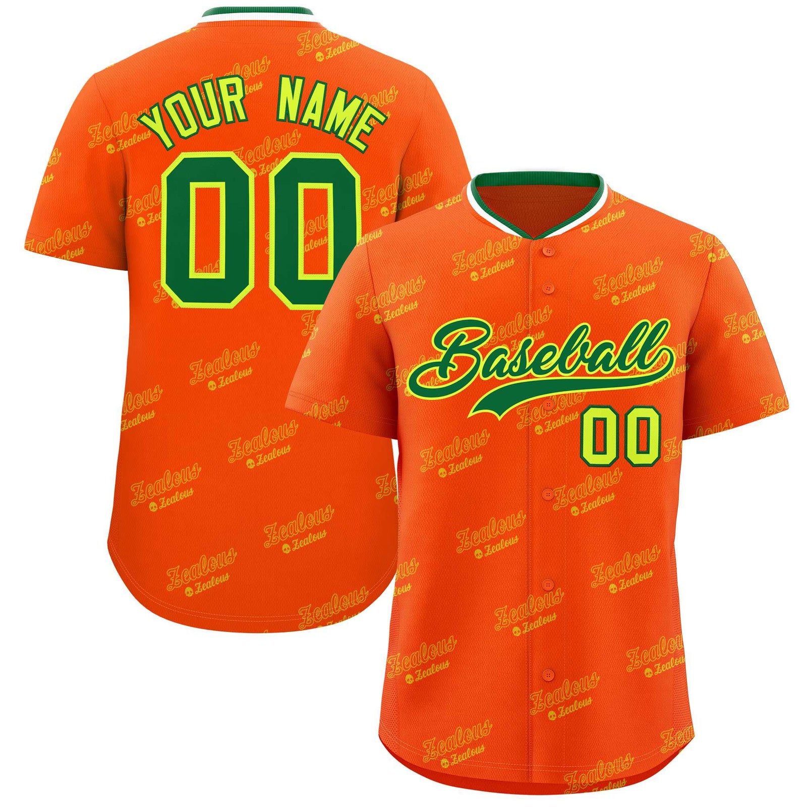 Custom Orange Kelly Green Full Button Text Graffiti Pattern Authentic Baseball Jersey