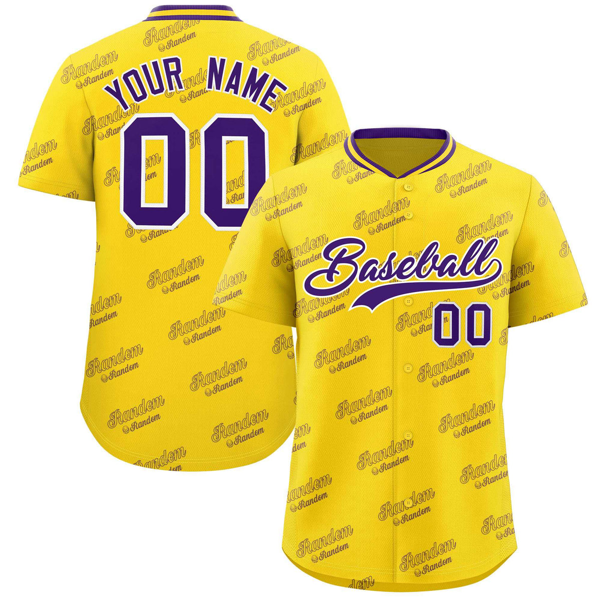 Custom Gold Purple Full Button Text Graffiti Pattern Authentic Baseball Jersey