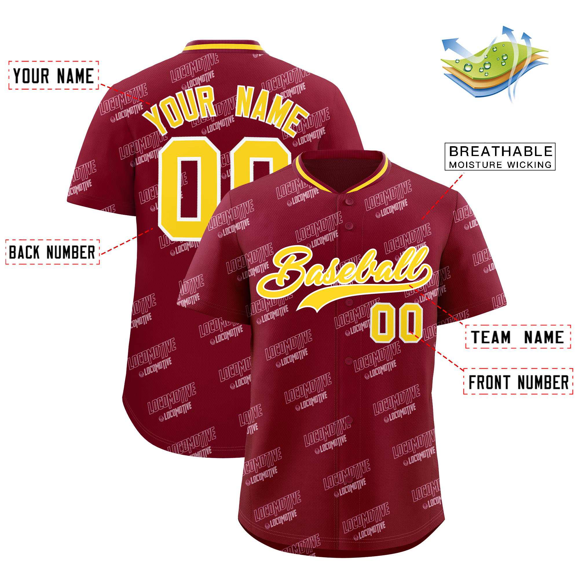 Custom Crimson Gold Full Button Text Graffiti Pattern Authentic Baseball Jersey