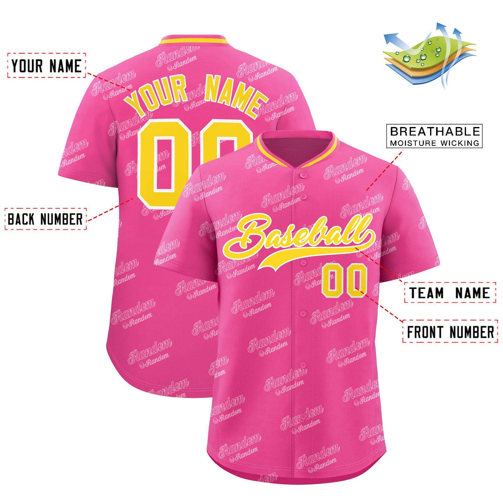 Custom Pink Gold Full Button Text Graffiti Pattern Authentic Baseball Jersey