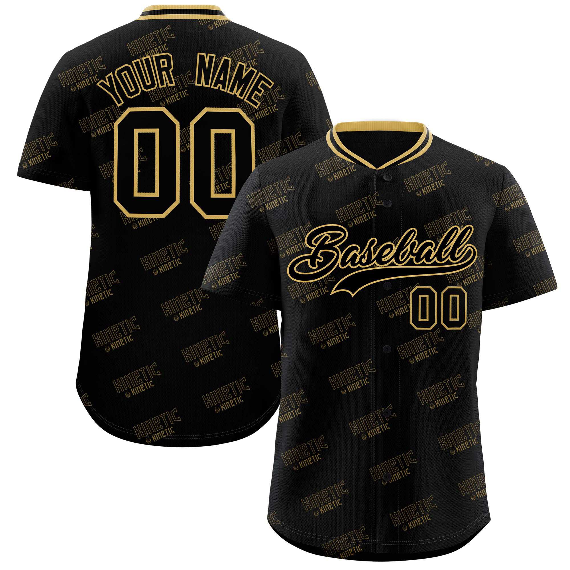 Custom Black Old Gold Full Button Text Graffiti Pattern Authentic Baseball Jersey