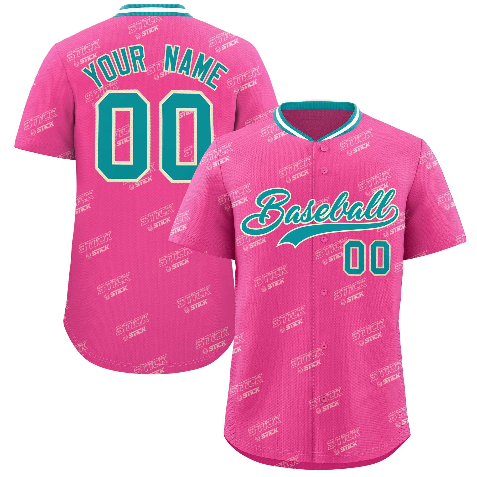 Custom Pink Aqua Full Button Text Graffiti Pattern Authentic Baseball Jersey
