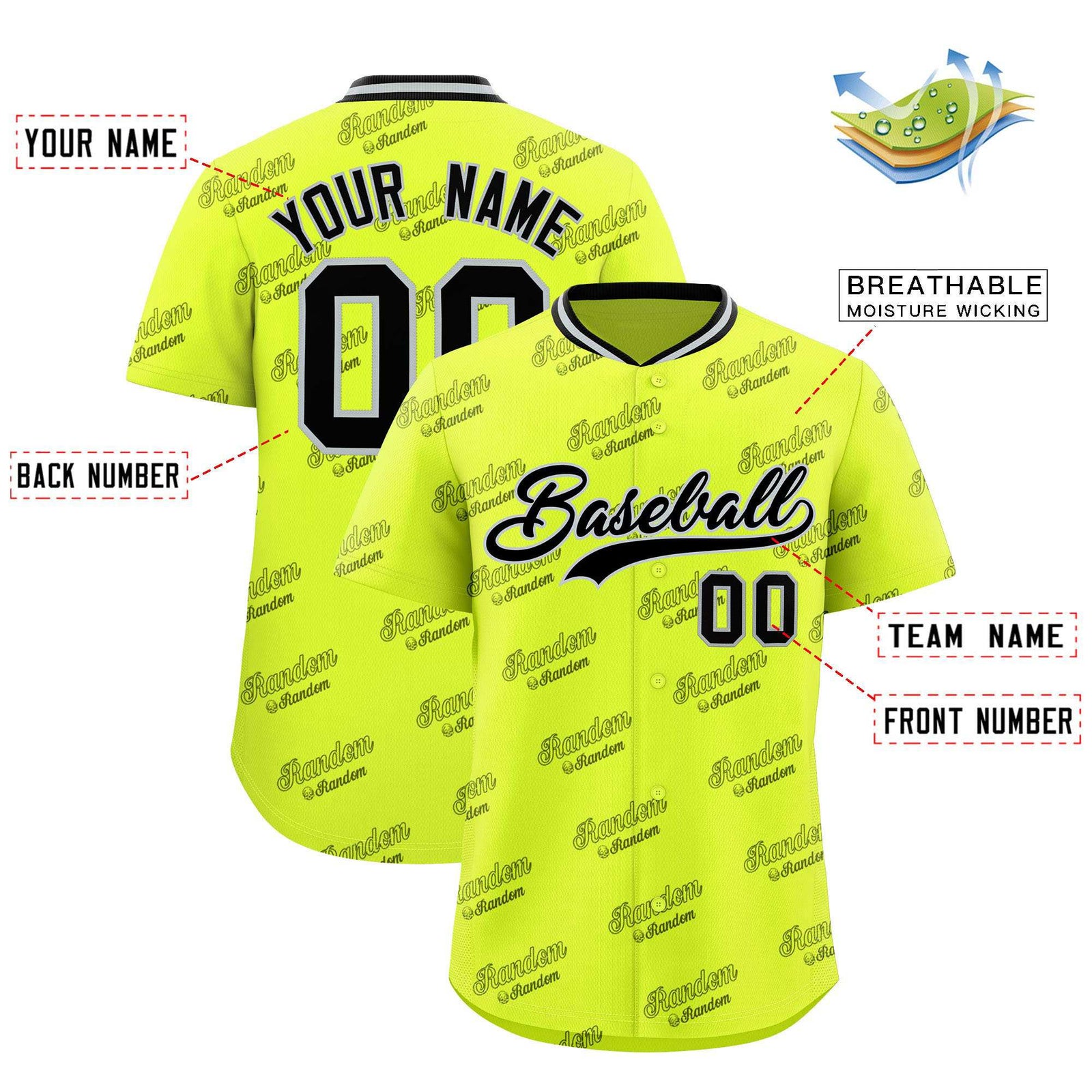 Custom Fluorescent Green Black Full Button Text Graffiti Pattern Authentic Baseball Jersey
