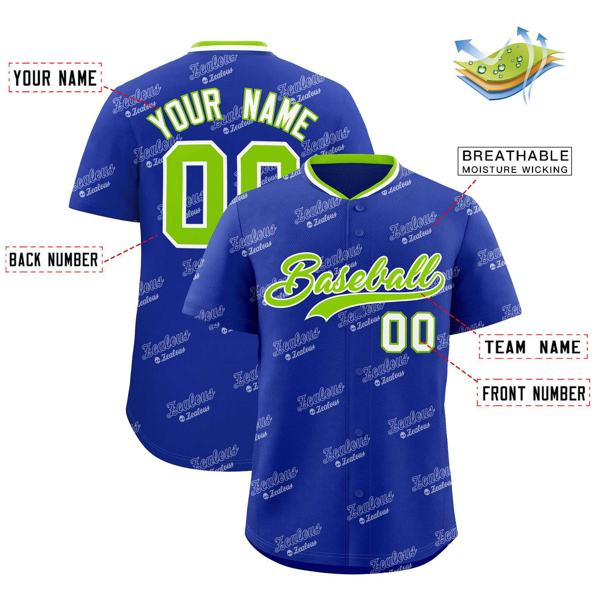 Custom Royal Neon Green Full Button Text Graffiti Pattern Authentic Baseball Jersey