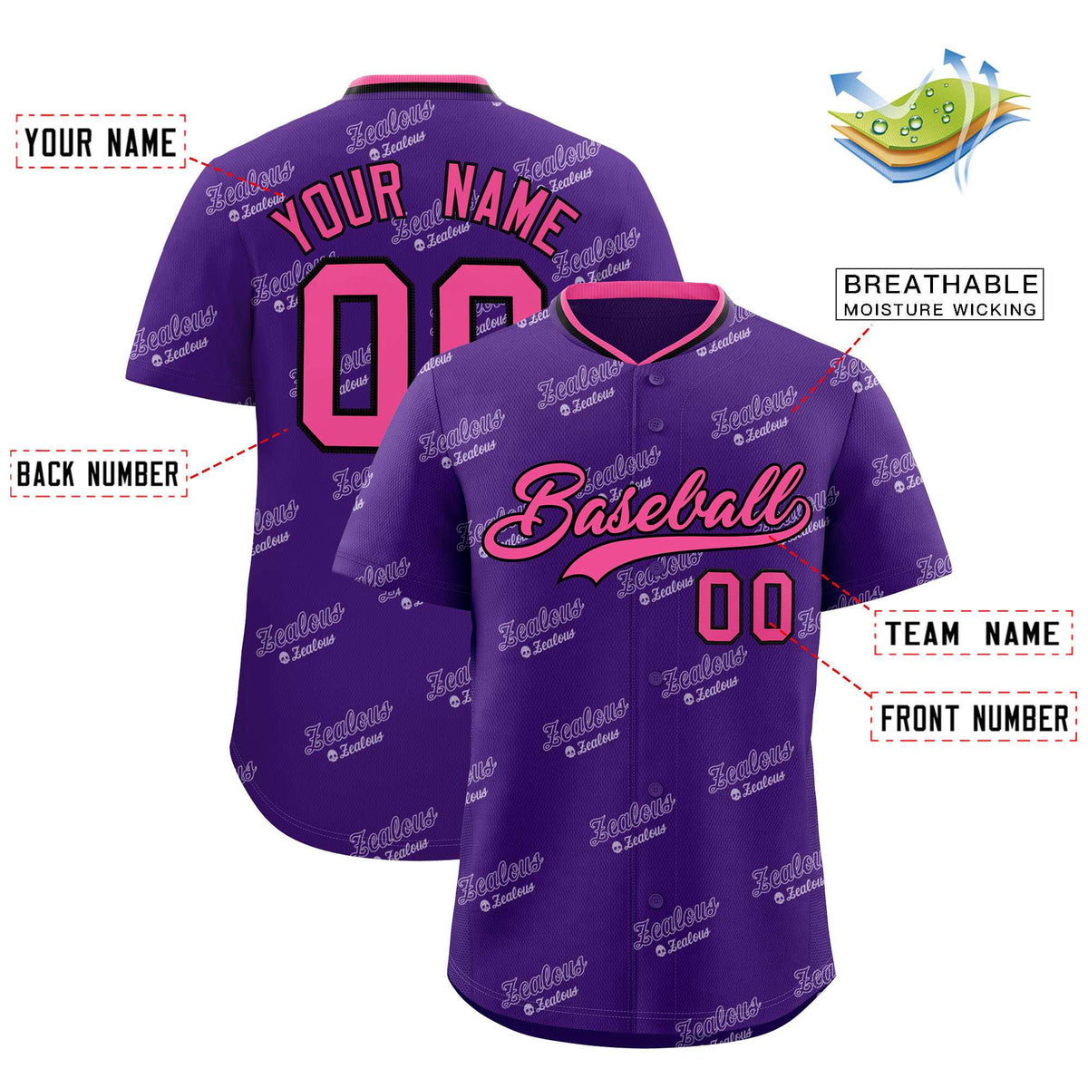 Custom Purple Pink Full Button Text Graffiti Pattern Authentic Baseball Jersey