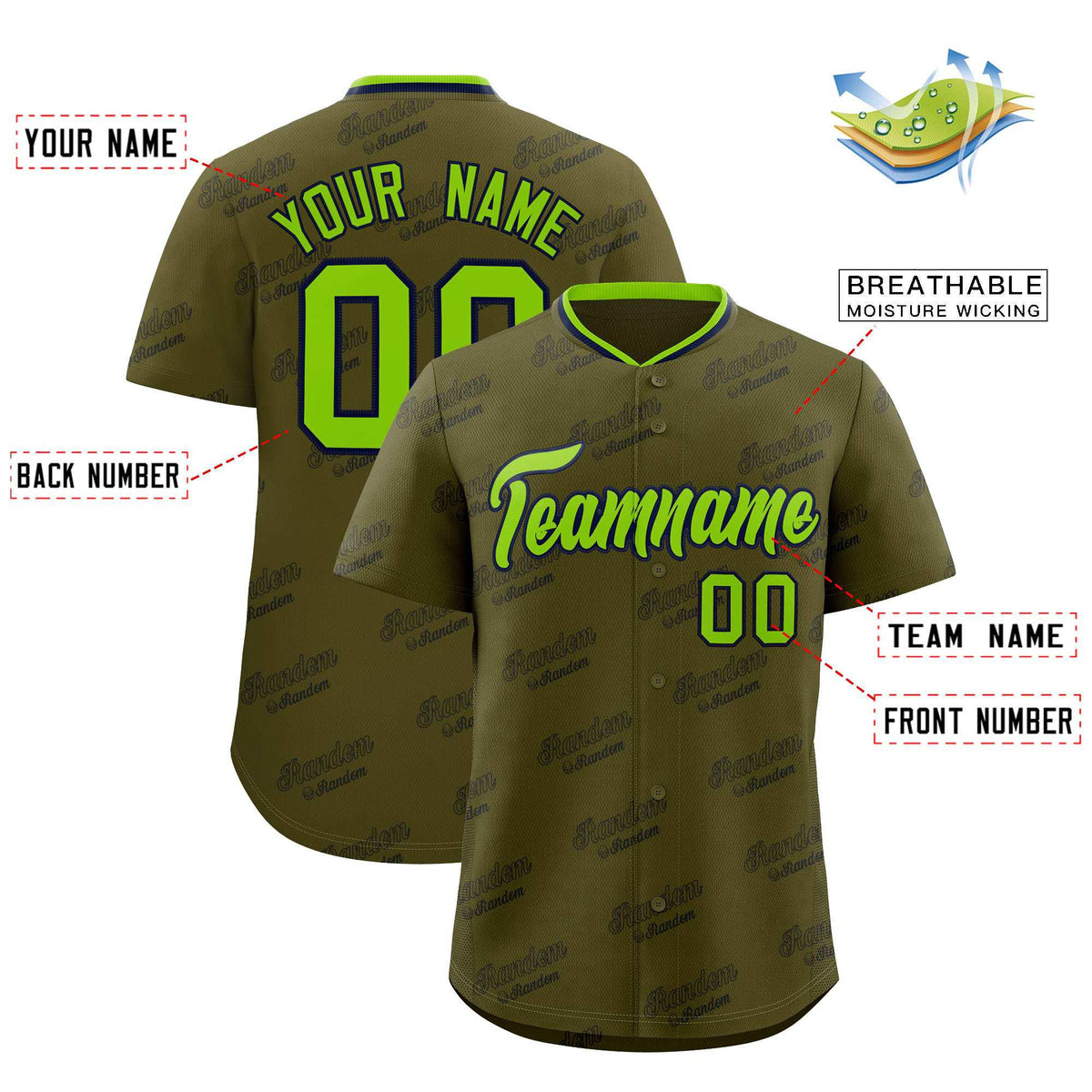 Custom Olive Neon Green Full Button Text Graffiti Pattern Authentic Baseball Jersey