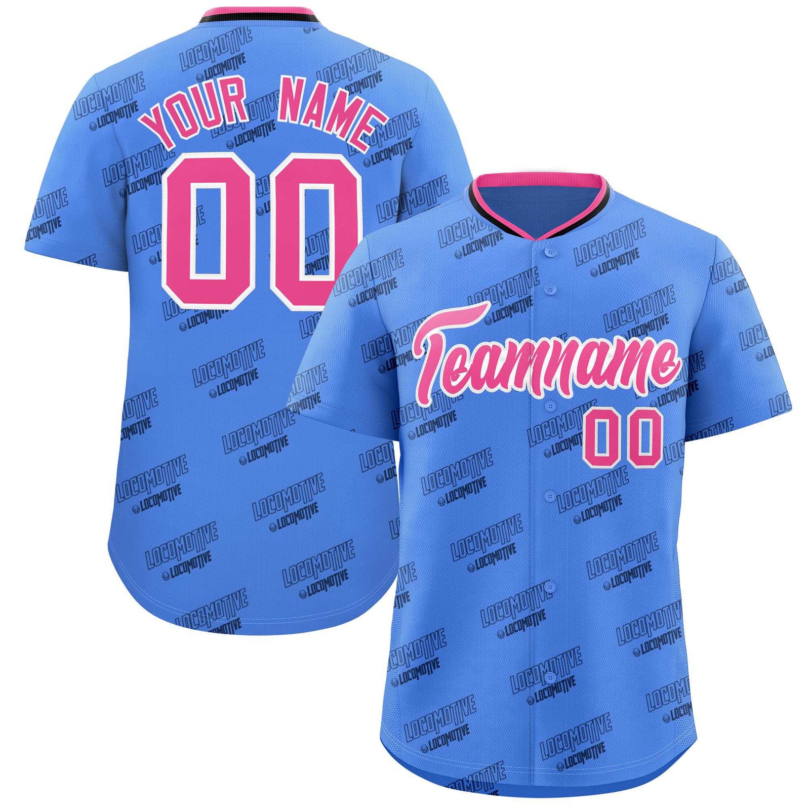 Custom Powder Blue Pink Full Button Text Graffiti Pattern Authentic Baseball Jersey