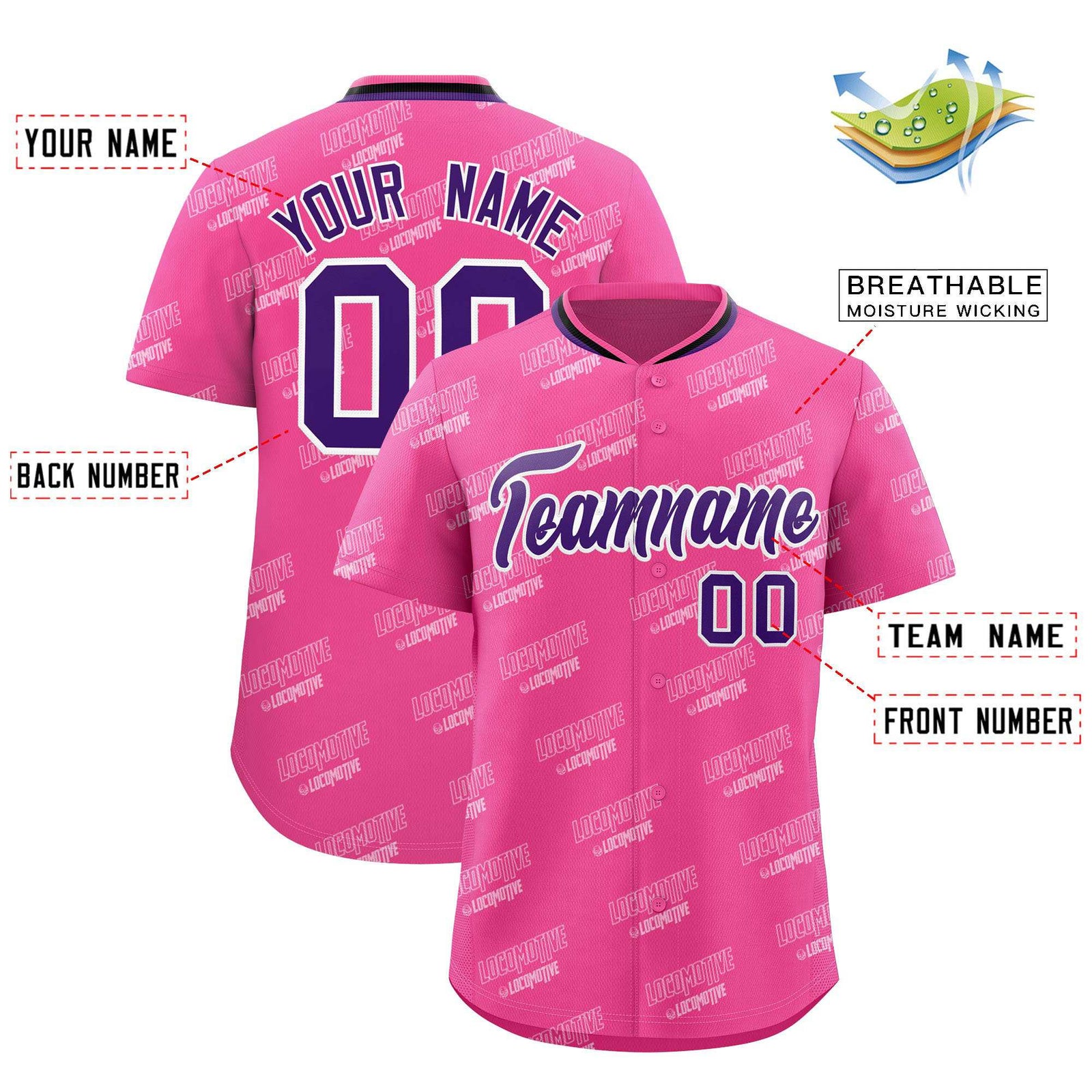 Custom Pink Purple Full Button Text Graffiti Pattern Authentic Baseball Jersey
