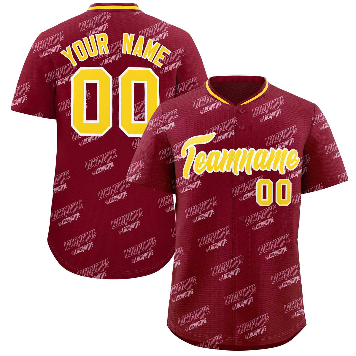 Custom Crimson Gold Full Button Text Graffiti Pattern Authentic Baseball Jersey