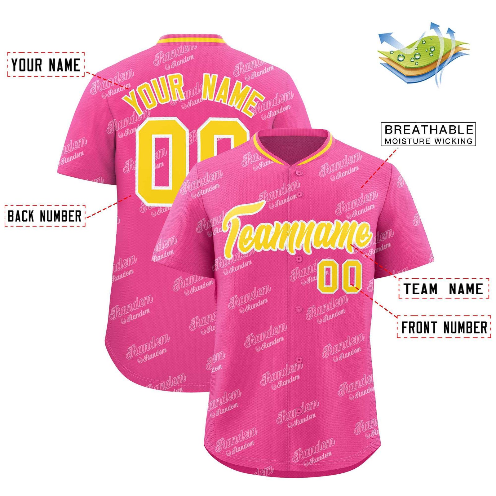 Custom Pink Gold Full Button Text Graffiti Pattern Authentic Baseball Jersey
