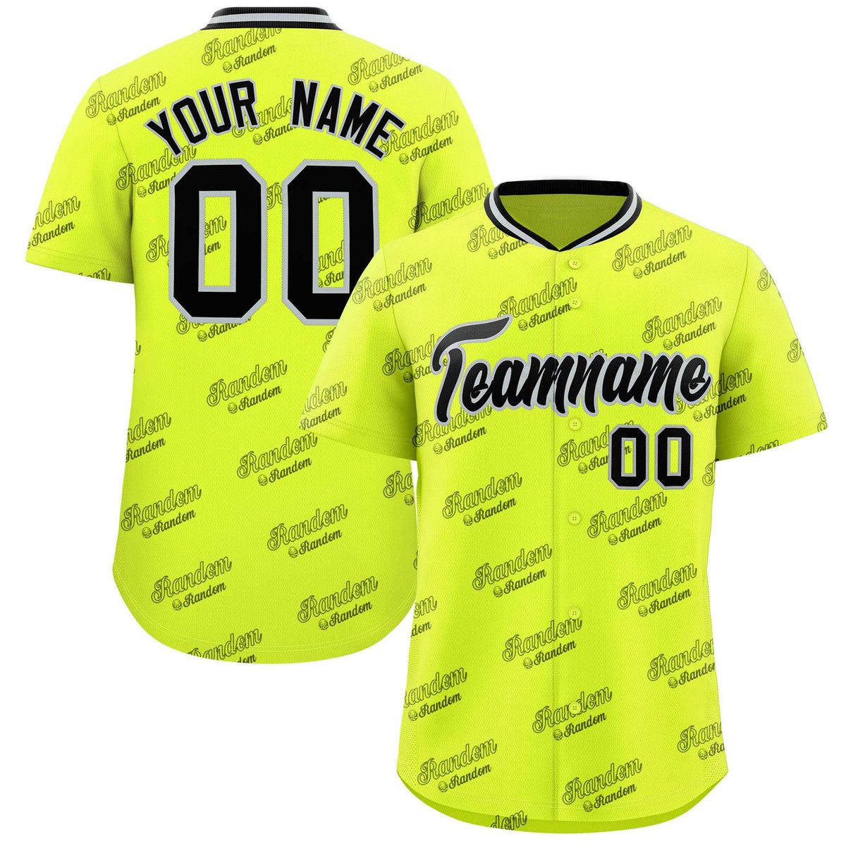 Custom Fluorescent Green Black Full Button Text Graffiti Pattern Authentic Baseball Jersey