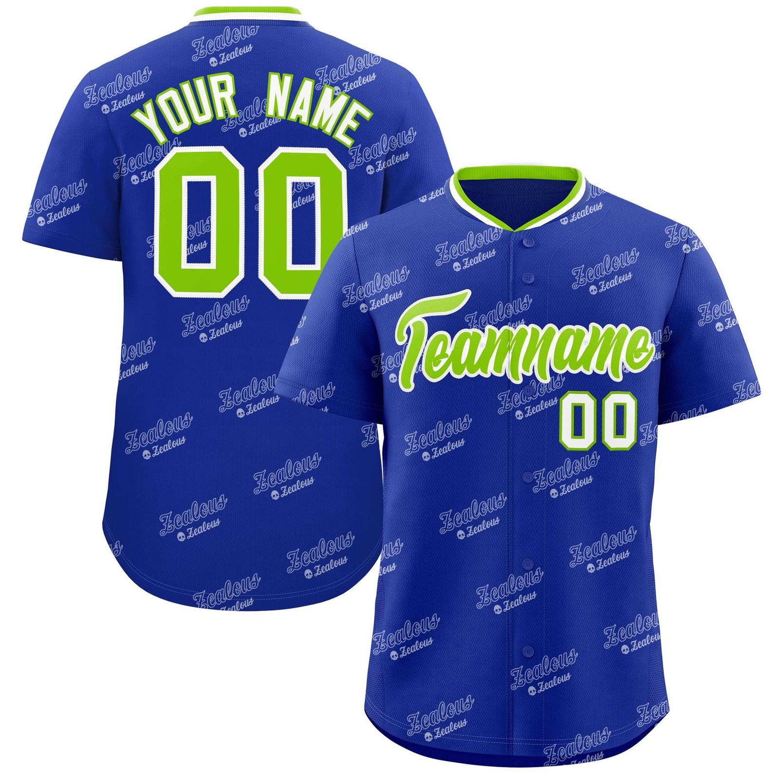 Custom Royal Neon Green Full Button Text Graffiti Pattern Authentic Baseball Jersey