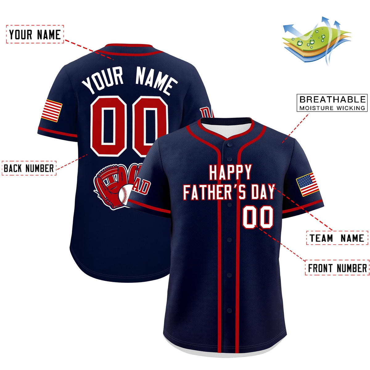 Custom Navy White Red Classic Style Father's Day Quick Dry Baseball Jersey| KXKSHOP