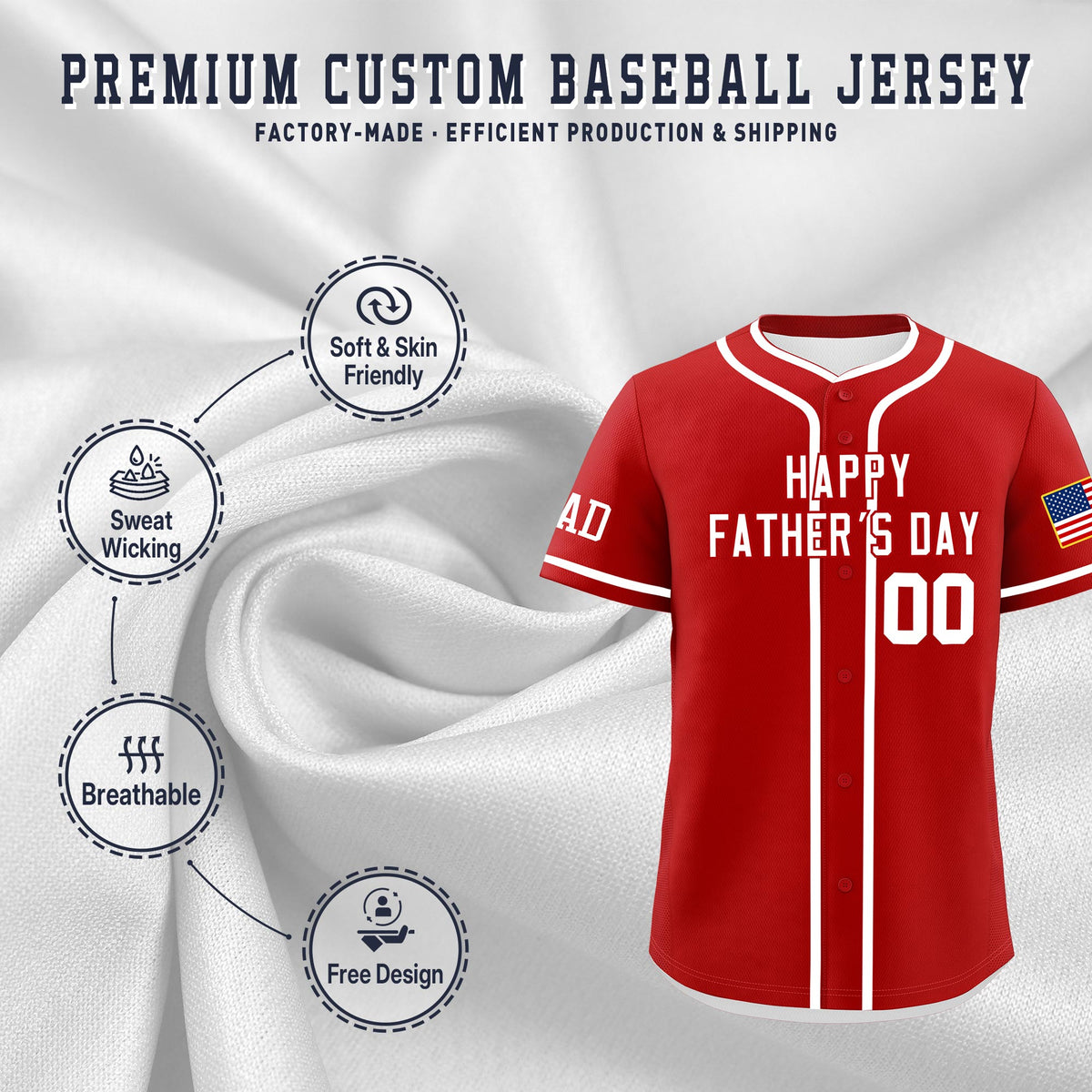 Custom Red White Classic Style Father's Day Quick Dry Baseball Jersey| KXKSHOP