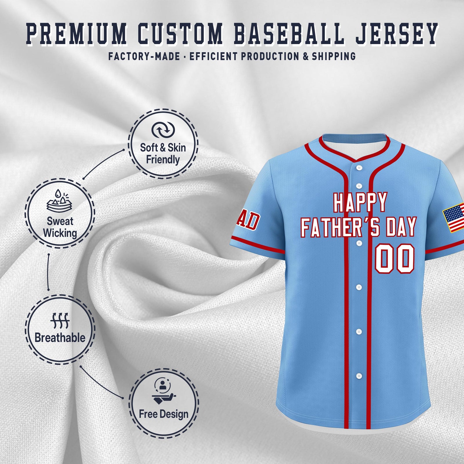 Custom Powder Blue White Red Classic Style Father's Day Quick Dry Baseball Jersey| KXKSHOP