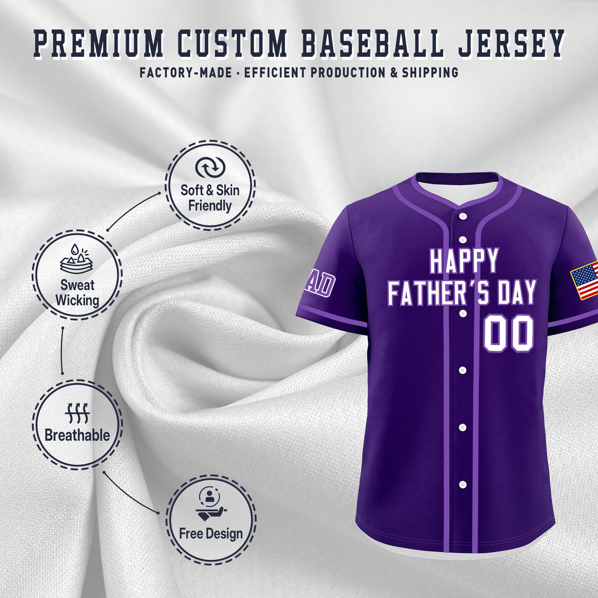 Custom Purple White Classic Style Father's Day Quick Dry Baseball Jersey| KXKSHOP