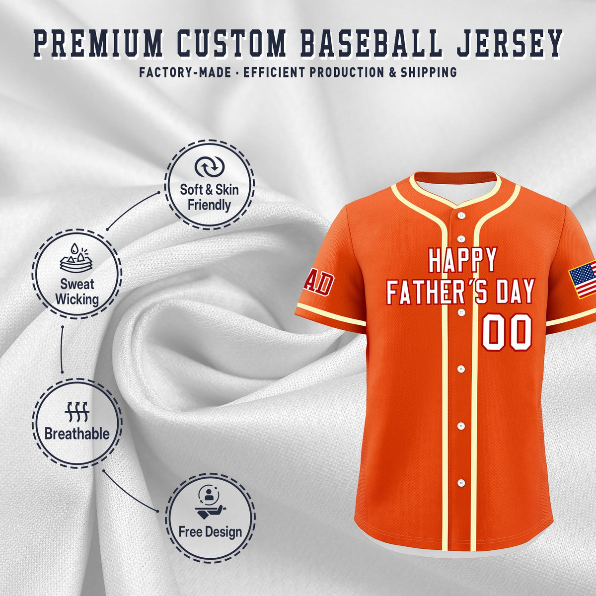 Custom Orange White Red Classic Style Father's Day Quick Dry Baseball Jersey| KXKSHOP